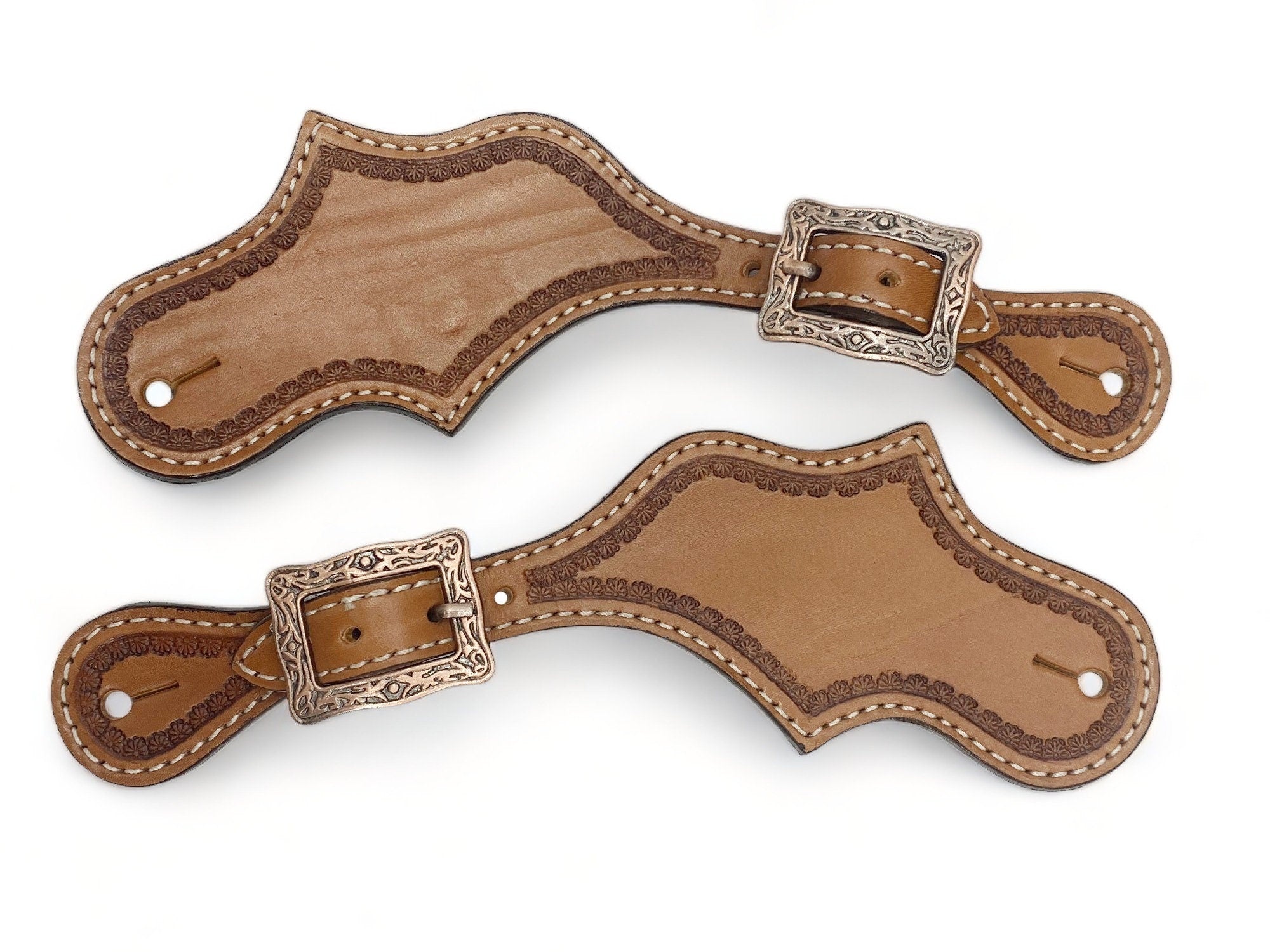 MOUSM Western Spur Straps – Argentina Cow Leather Men’s Spur Straps with Tooled Corners on Plain Leather for a Classic Western Look & Antique Nickel Hardware