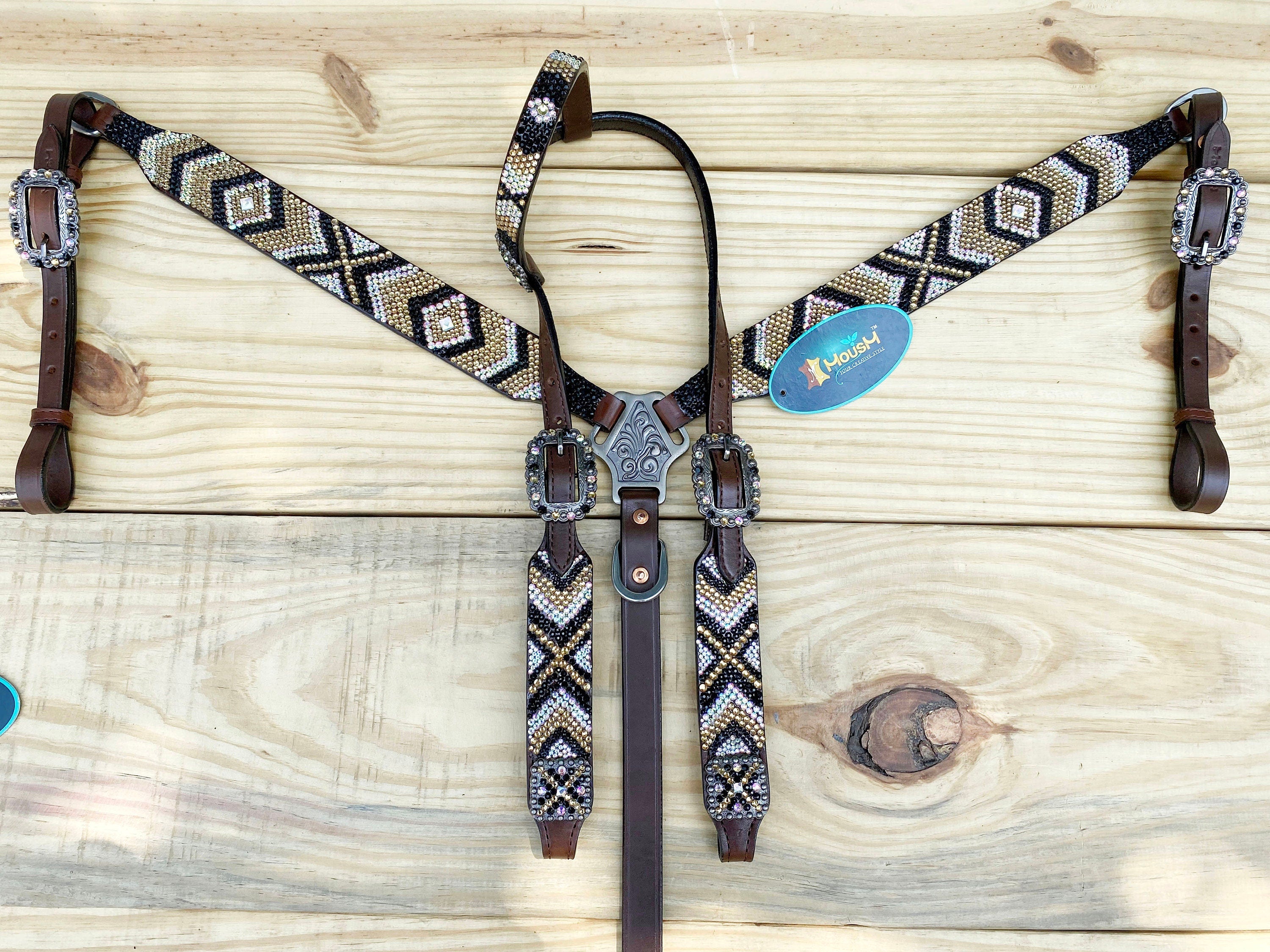 MOUSM Western Bridle and Breast Collar Set - Decorated with Elegant Gold, Silver & Black Stone Inlay and Same Colour Conchos