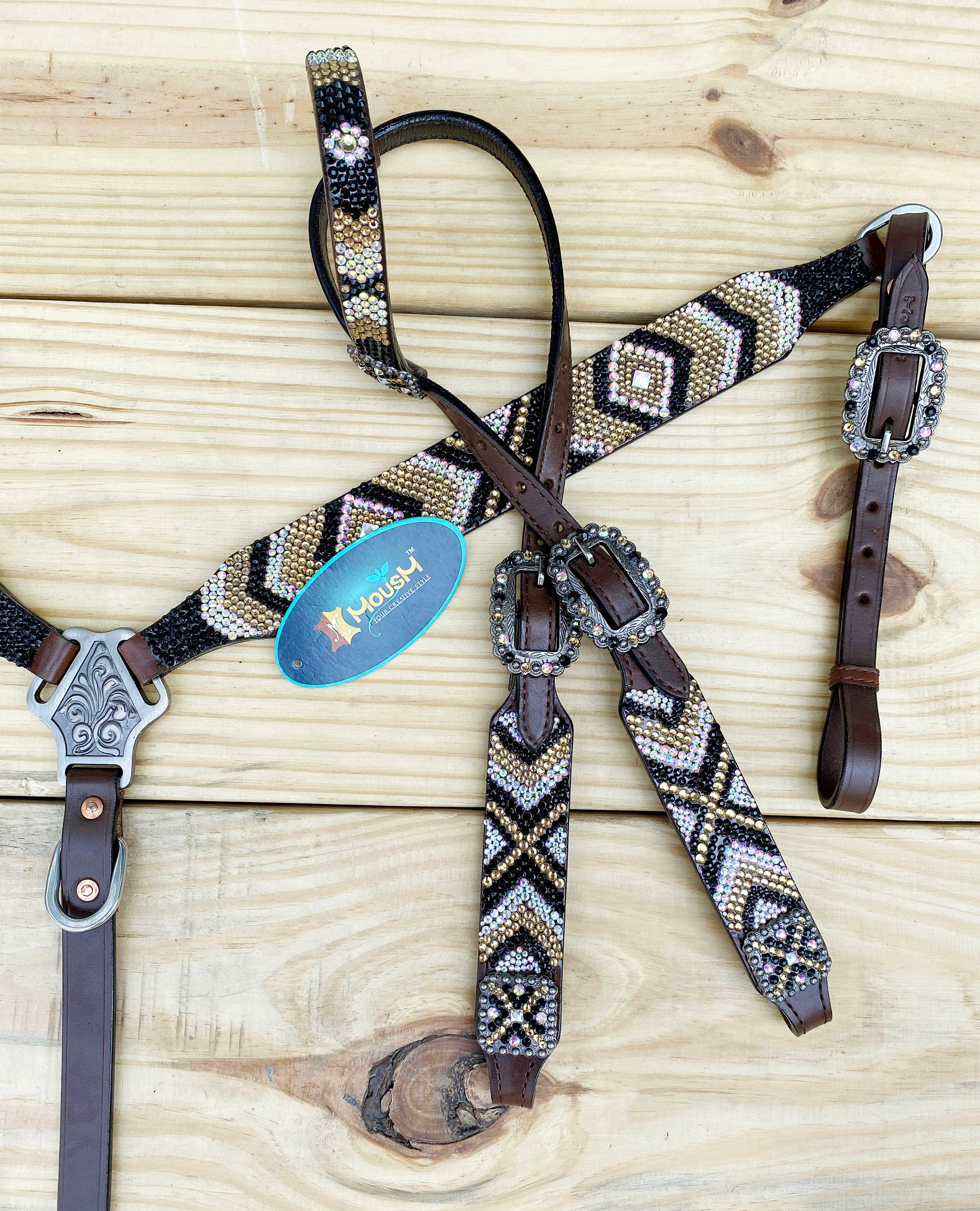 MOUSM Western Bridle and Breast Collar Set - Decorated with Elegant Gold, Silver & Black Stone Inlay and Same Colour Conchos