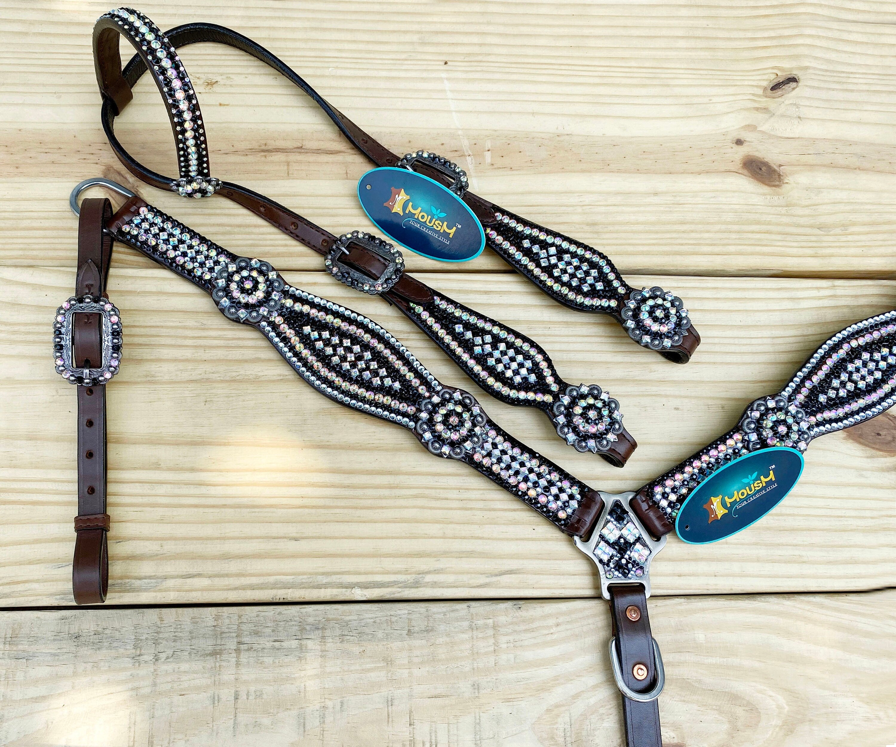 MOUSM Western Bridle and Breast Collar Set – Decorated with Pink, Silver, and Black Stones Inlay with Matching Flower Concho