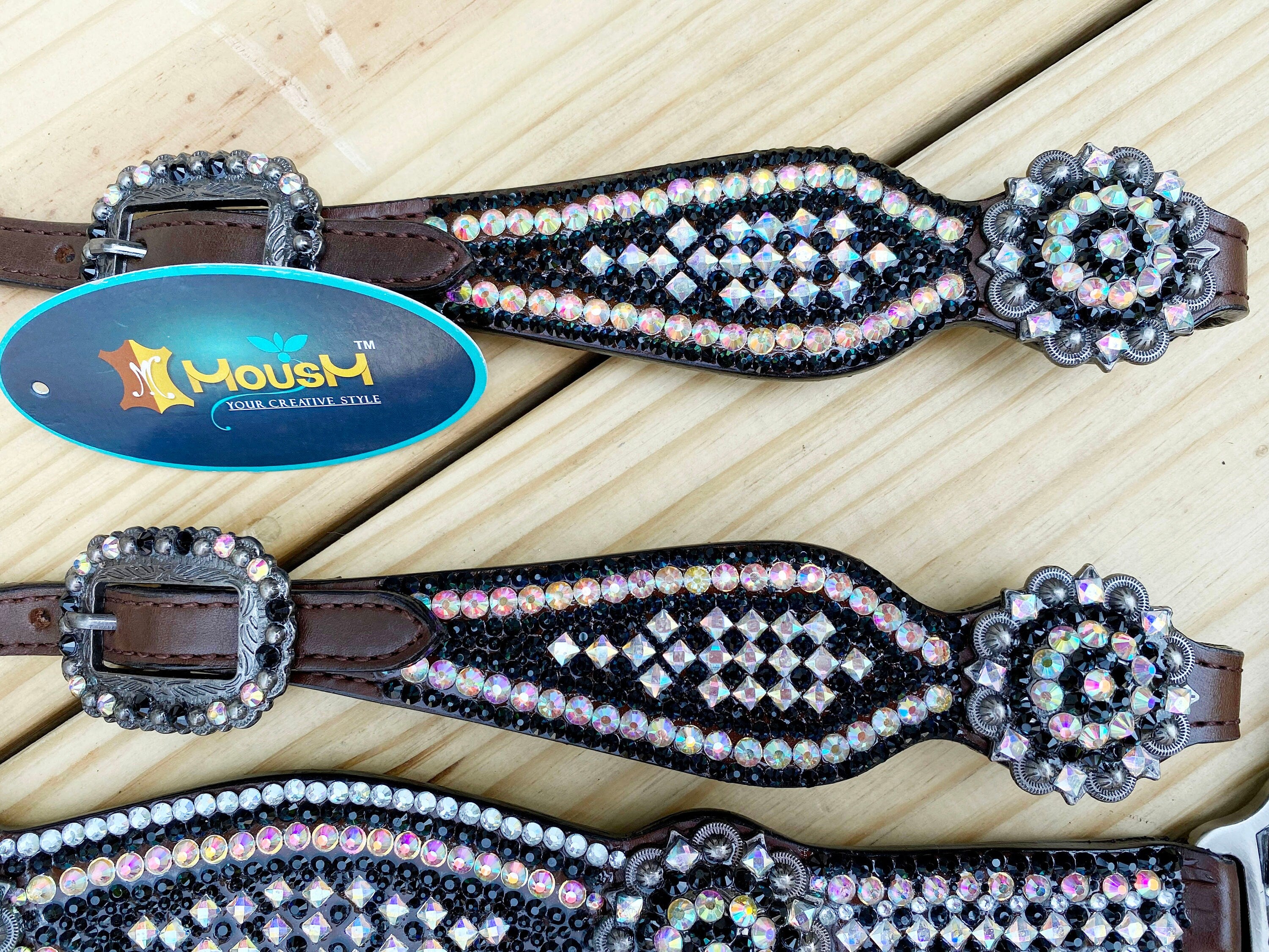 MOUSM Western Bridle and Breast Collar Set – Decorated with Pink, Silver, and Black Stones Inlay with Matching Flower Concho