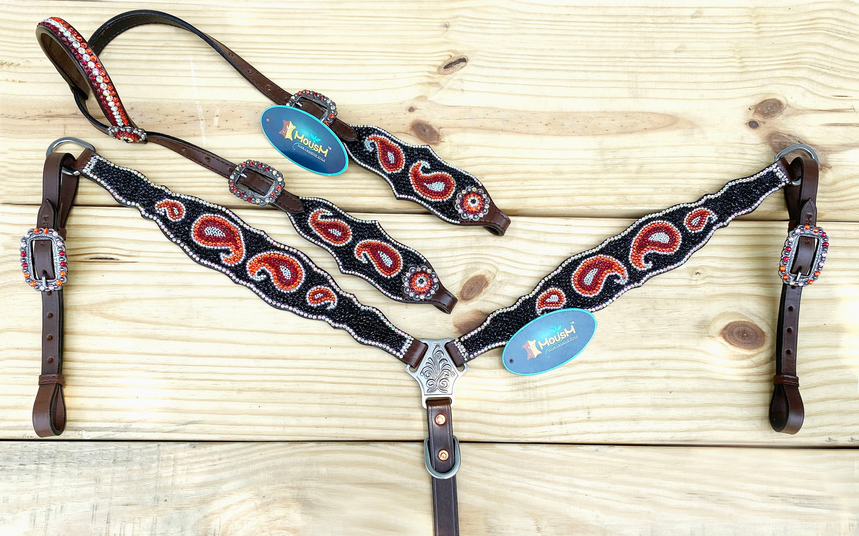 MOUSM Western Bridle and Breast Collar Set – Decorated with Orange, Red, Silver, and Black Stones Inlay with Matching Rhinestones Concho