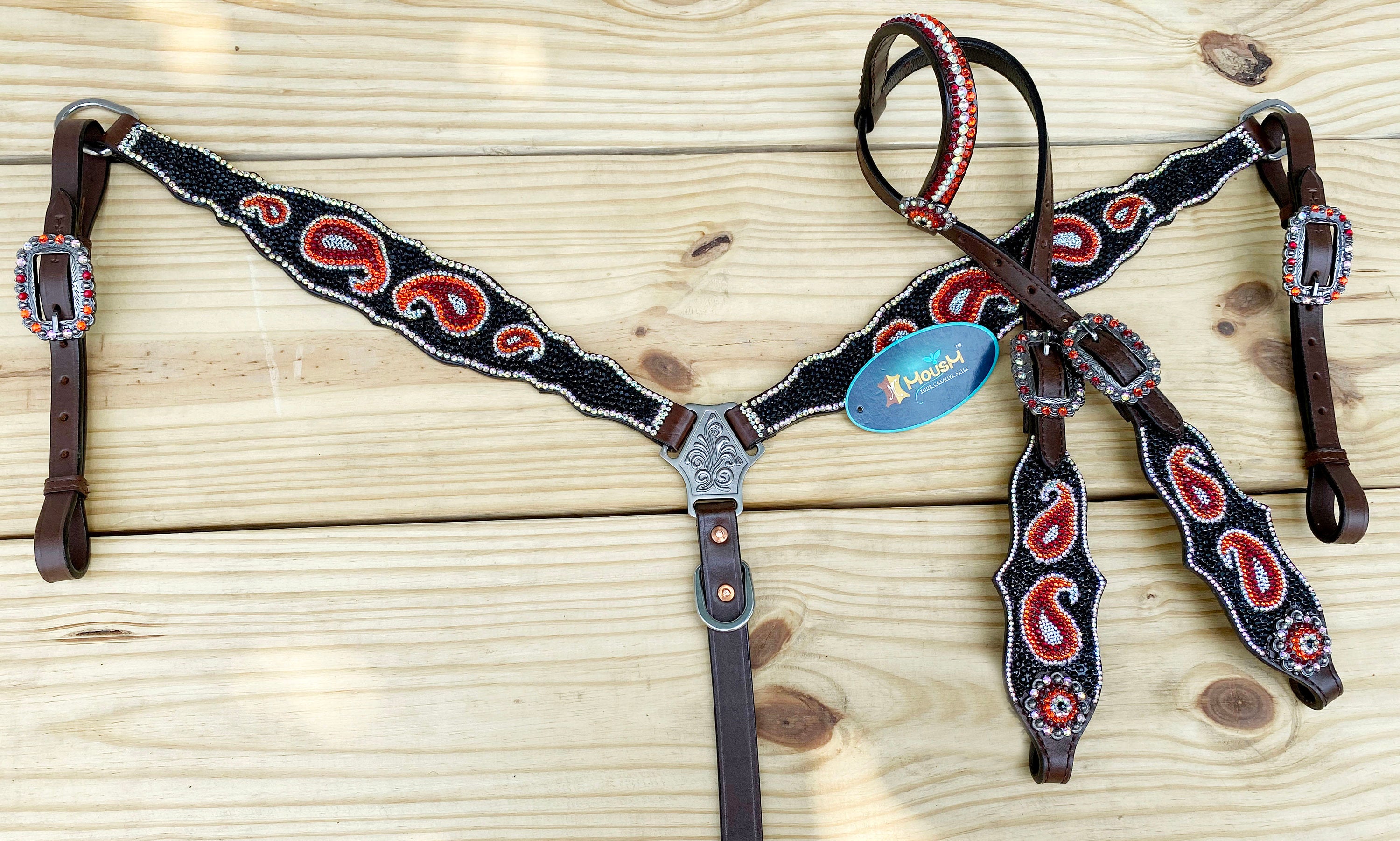 MOUSM Western Bridle and Breast Collar Set – Decorated with Orange, Red, Silver, and Black Stones Inlay with Matching Rhinestones Concho