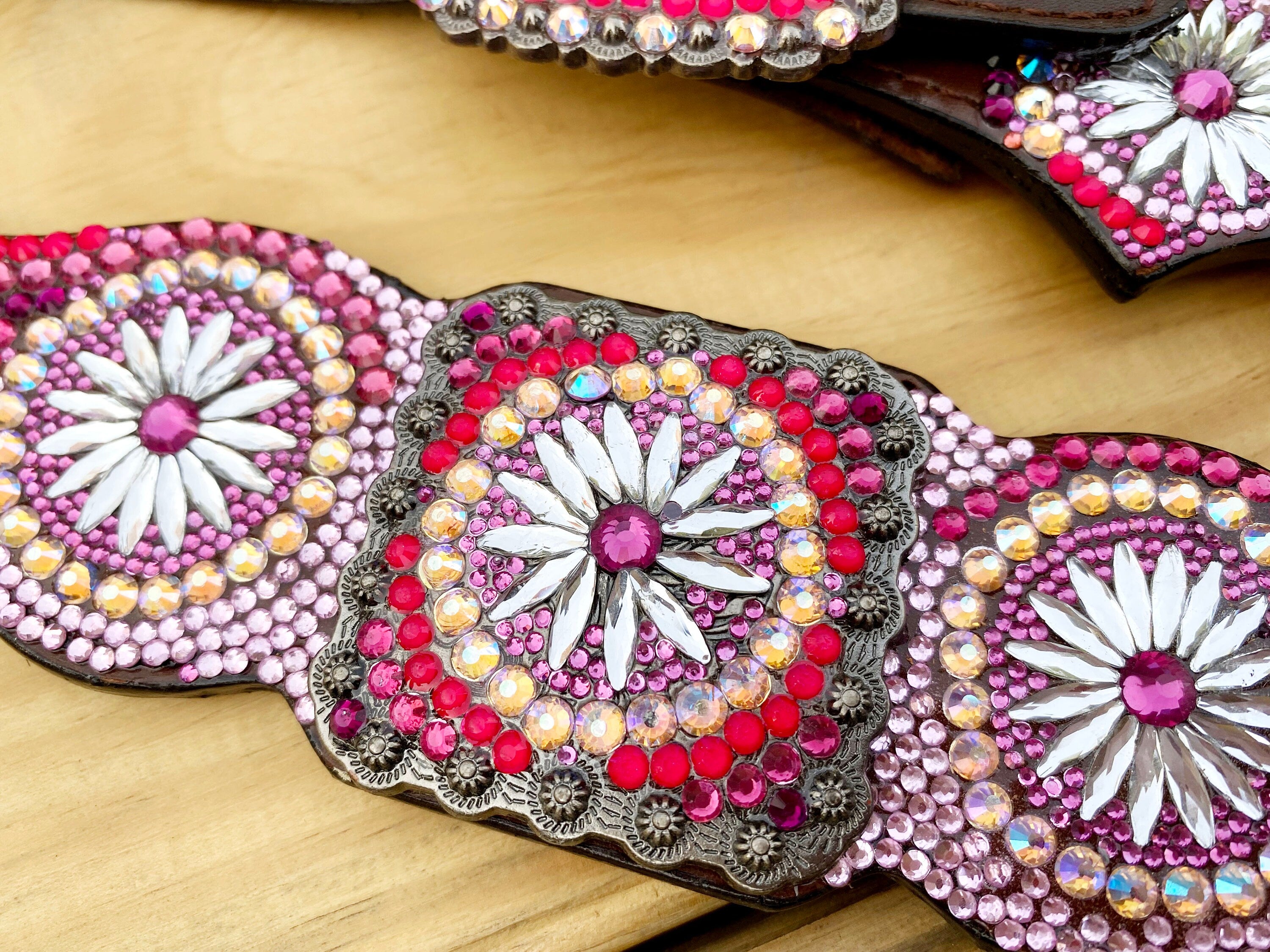 MOUSM Western Bridle and Breast Collar Set - Made with Argentina Cow Leather Decorated with Orange, Red, Silver, and Black Stones in a Gorgeous Embroidery Circle and Chakra Look, Matching Conchos