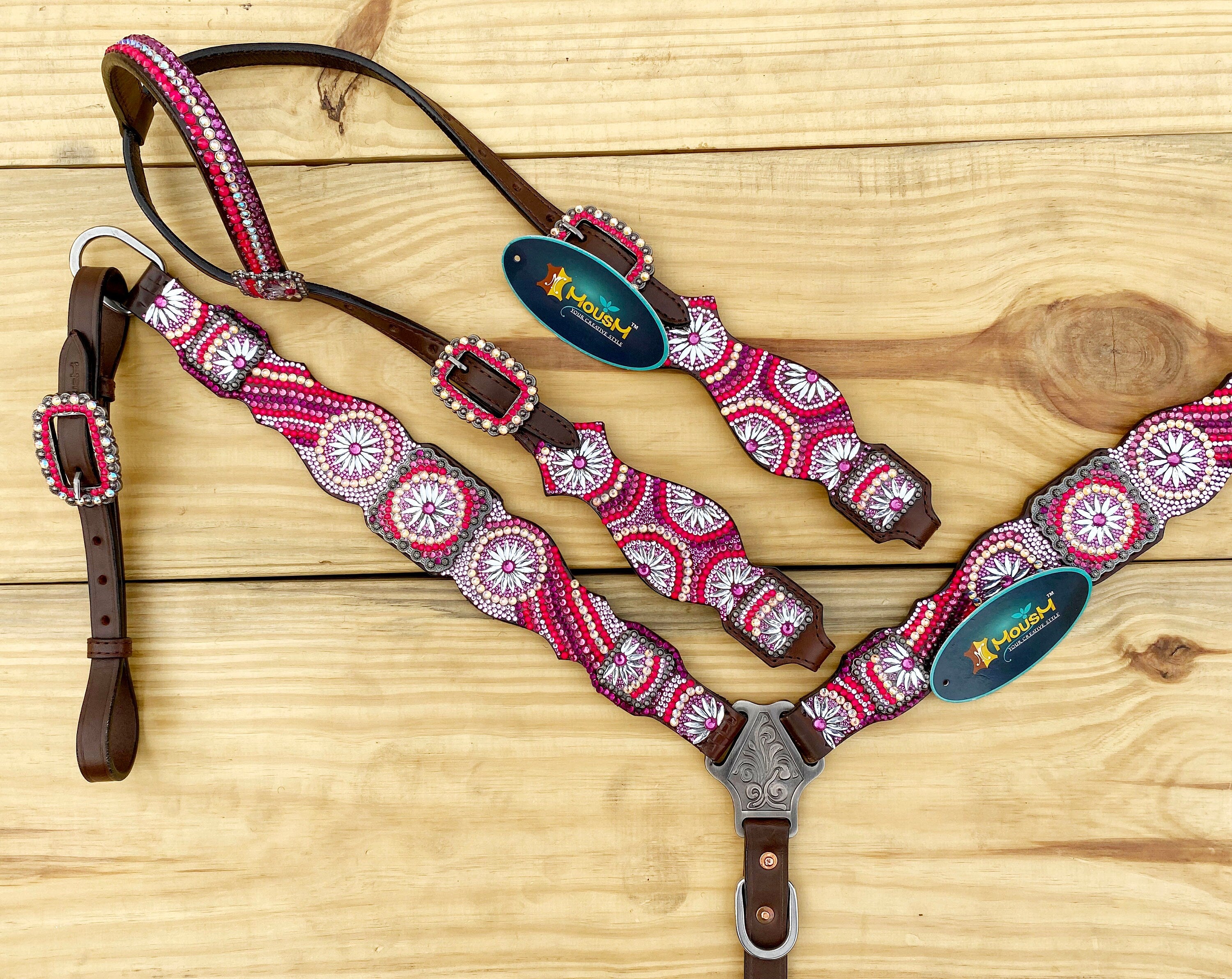 MOUSM Western Bridle and Breast Collar Set - Made with Argentina Cow Leather Decorated with Orange, Red, Silver, and Black Stones in a Gorgeous Embroidery Circle and Chakra Look, Matching Conchos
