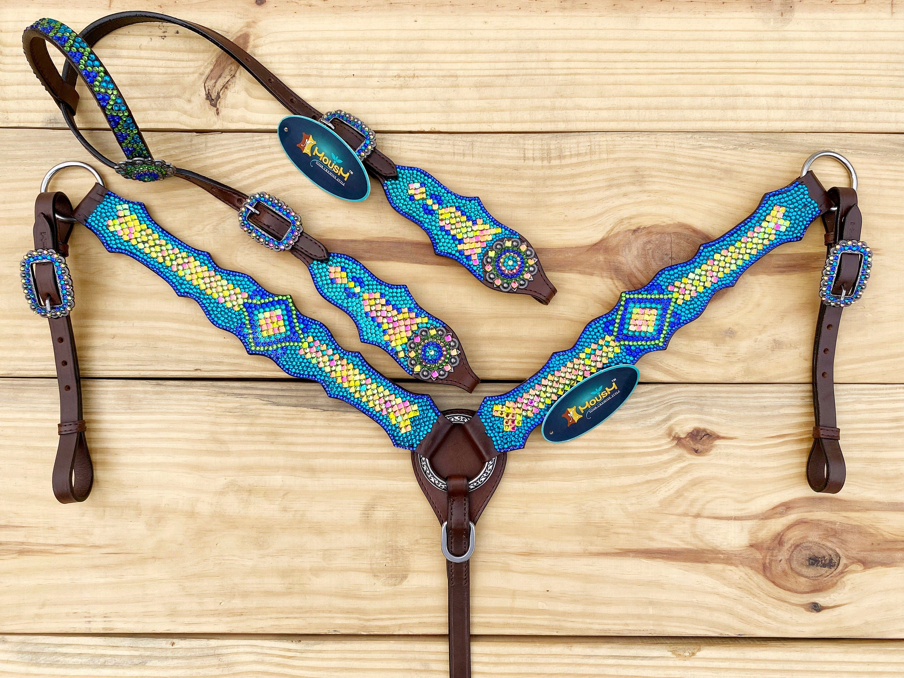 MOUSM Argentina Cow Leather Western Bridle and Breast Collar Set - Decorated with Blue, Turquoise, Green Yellow and Pink rhinestones flower concho