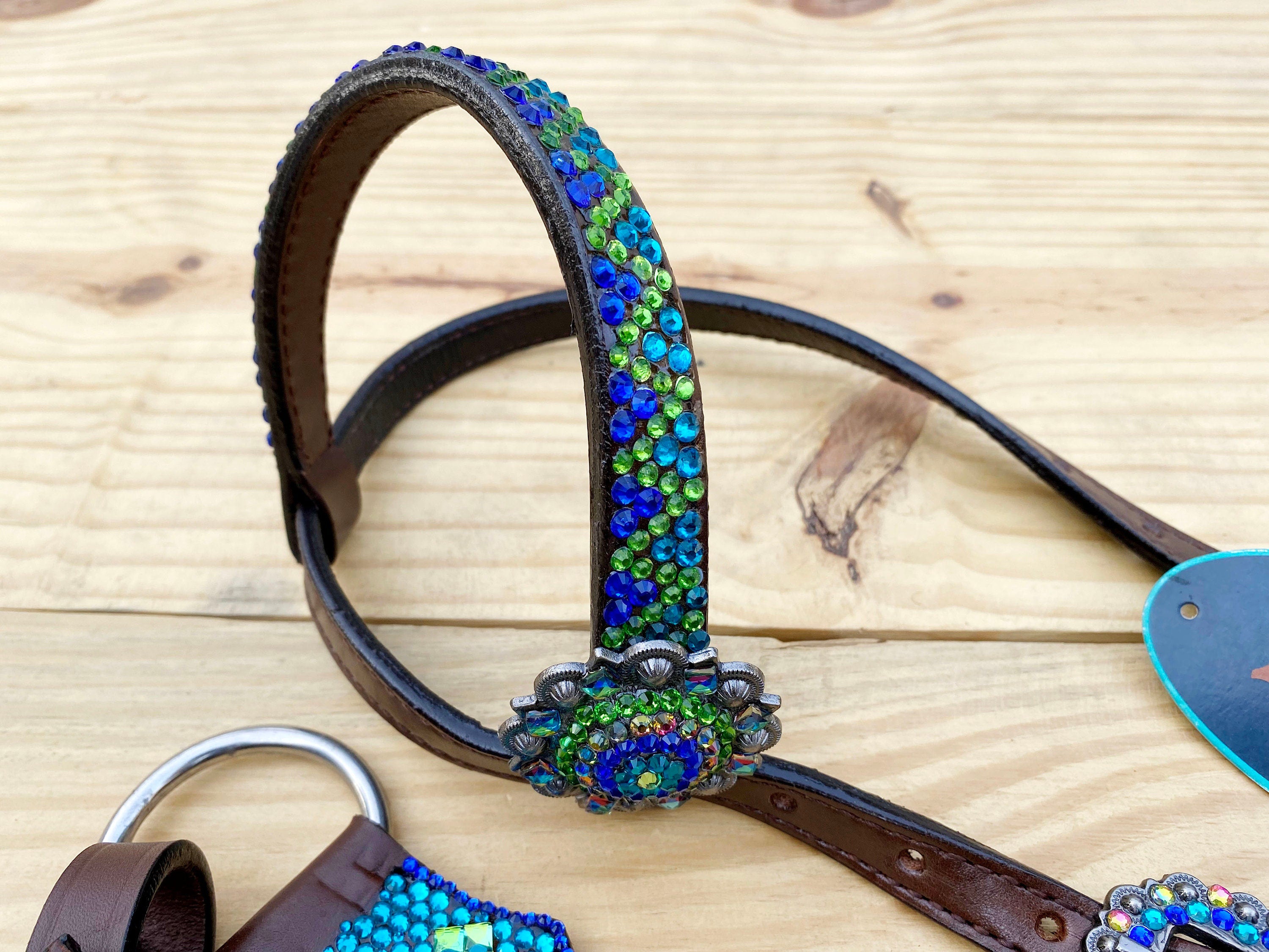 MOUSM Argentina Cow Leather Western Bridle and Breast Collar Set - Decorated with Blue, Turquoise, Green Yellow and Pink rhinestones flower concho