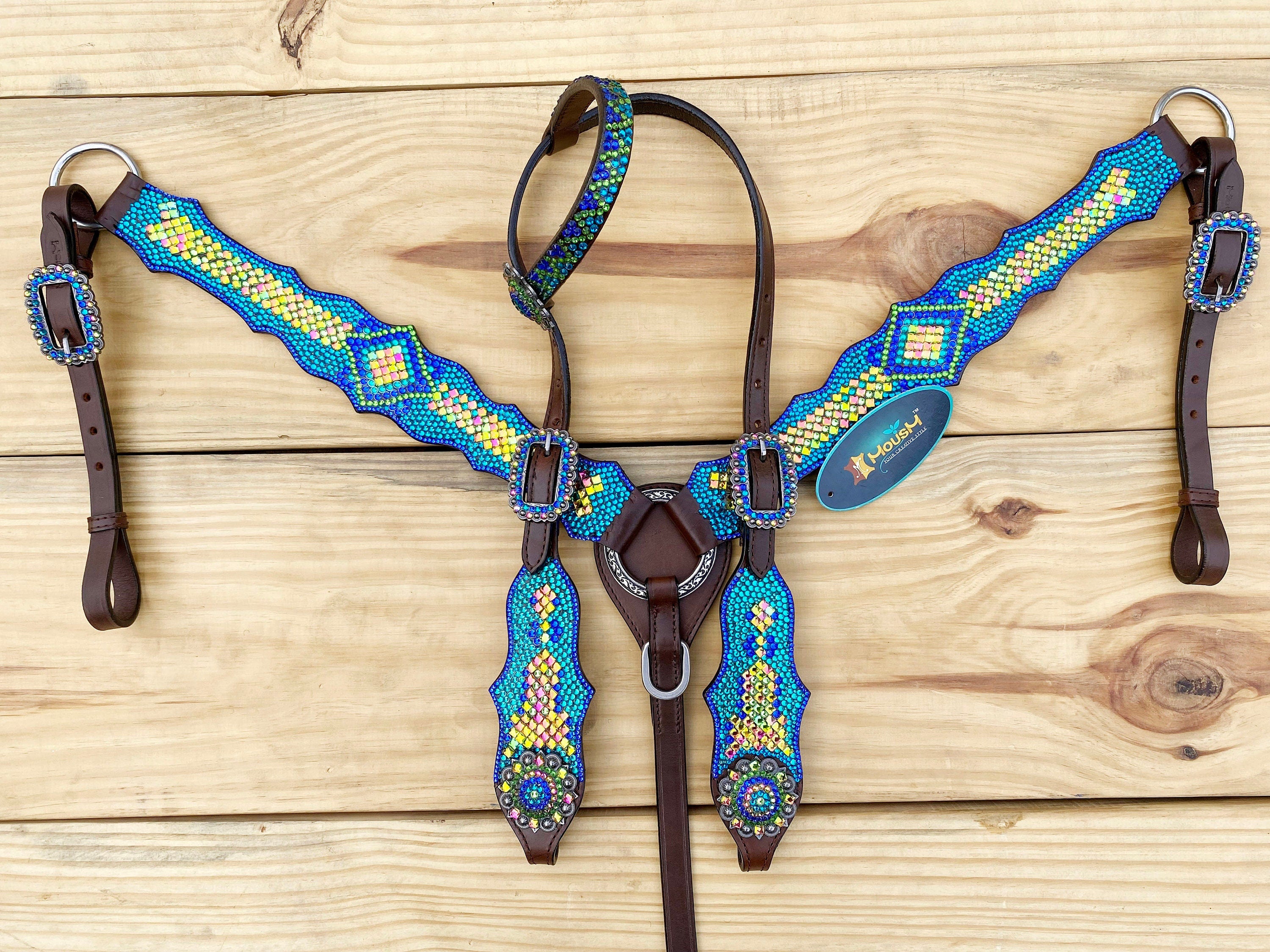 MOUSM Argentina Cow Leather Western Bridle and Breast Collar Set - Decorated with Blue, Turquoise, Green Yellow and Pink rhinestones flower concho