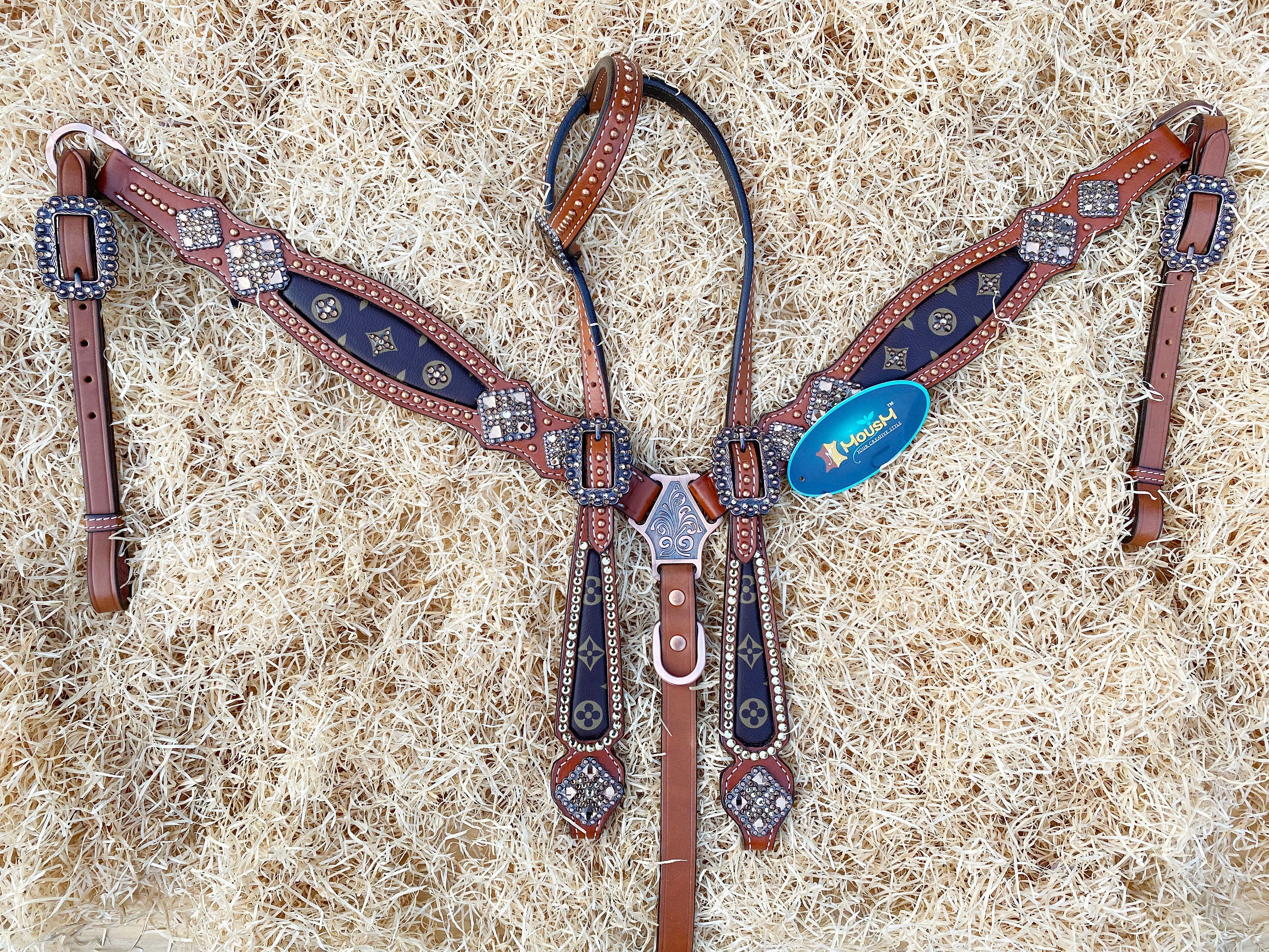 MOUSM Western Headstall and Breast Collar Set – Printed Inlay with Silver Rhinestones & Handcrafted Diamond-Shaped Conchos