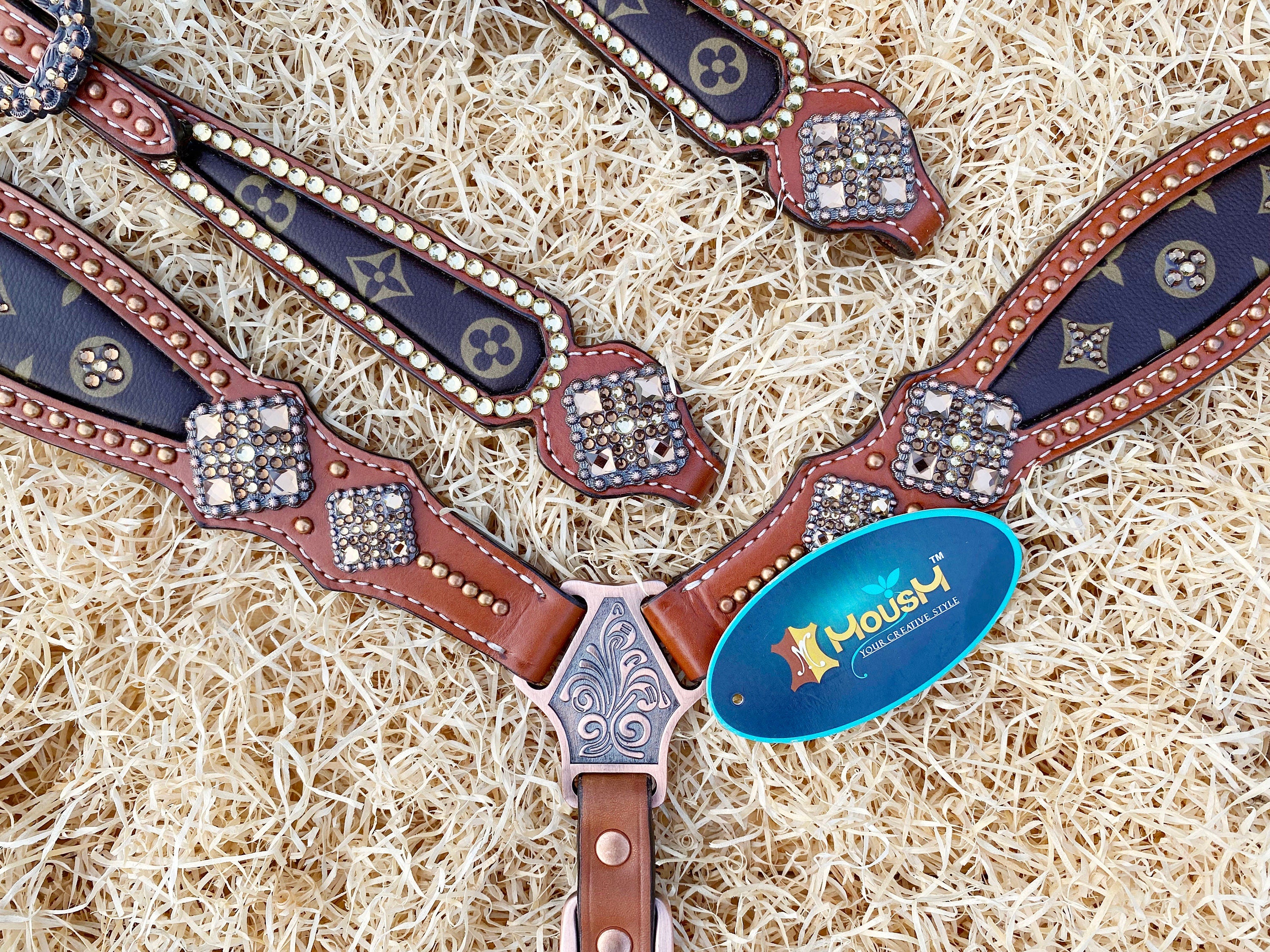 MOUSM Western Headstall and Breast Collar Set – Printed Inlay with Silver Rhinestones & Handcrafted Diamond-Shaped Conchos