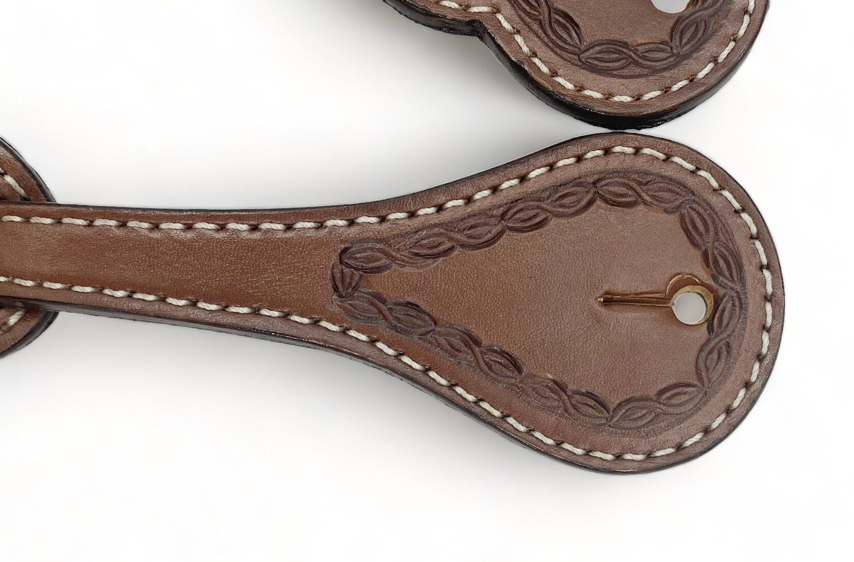 MOUSM Western Spur Straps – Argentina Cow Leather Men’s Spur Straps Decorated with Hand-Tooled Corners on Plain Dark Brown Leather for a Classic Western Look & Antique Copper Hardware