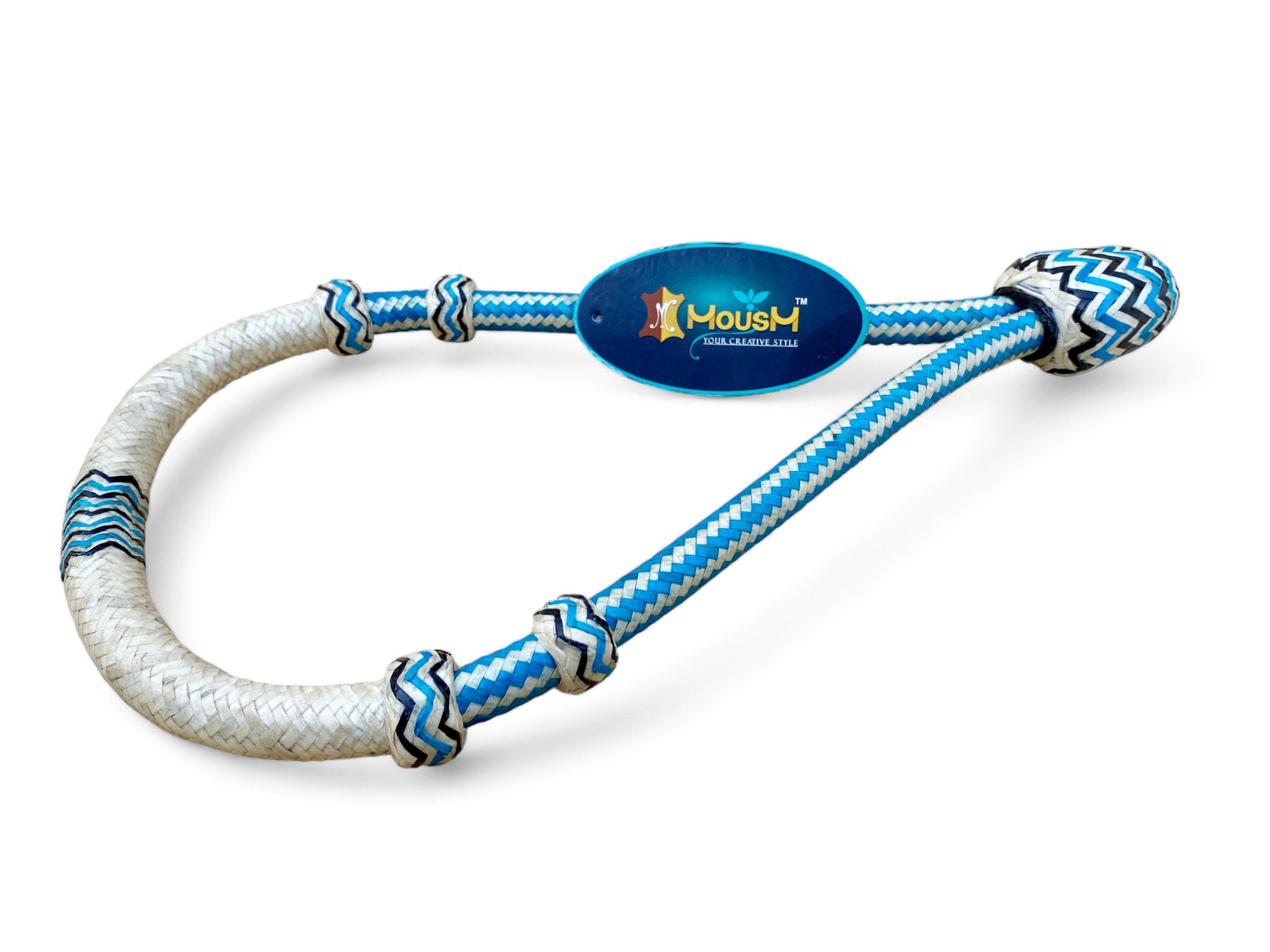 MOUSM Horse Bosal – Blue & White with Natural Rawhide, 40 Plait Handmade Western Hackamore, 5/8" Thick Bitless Training Bosal for Horses