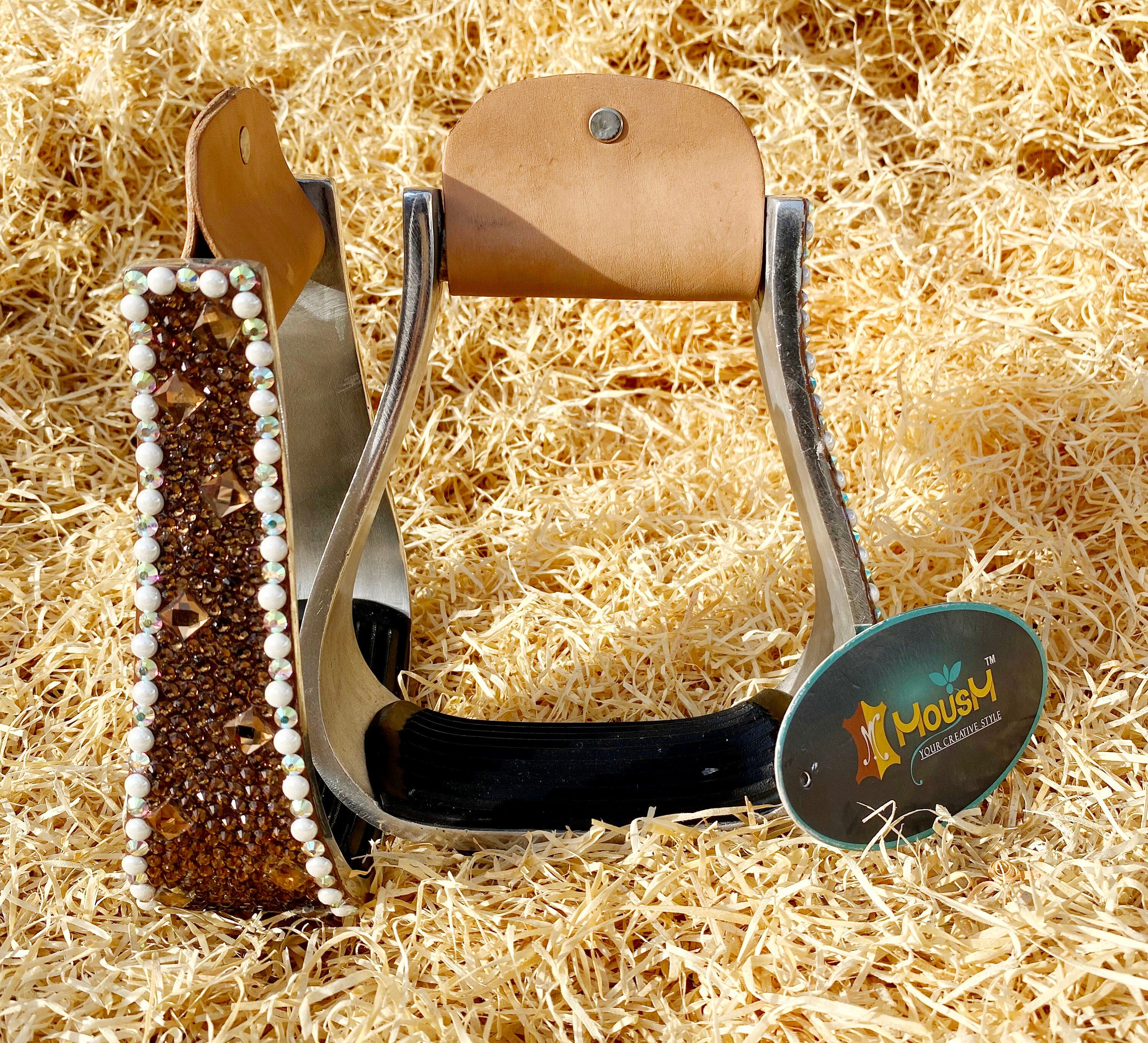 MOUSM Western Horse Stirrups – Aluminum Barrel Racing Stirrups With Golden Brown Glitter Surrounded by White Rhinestones