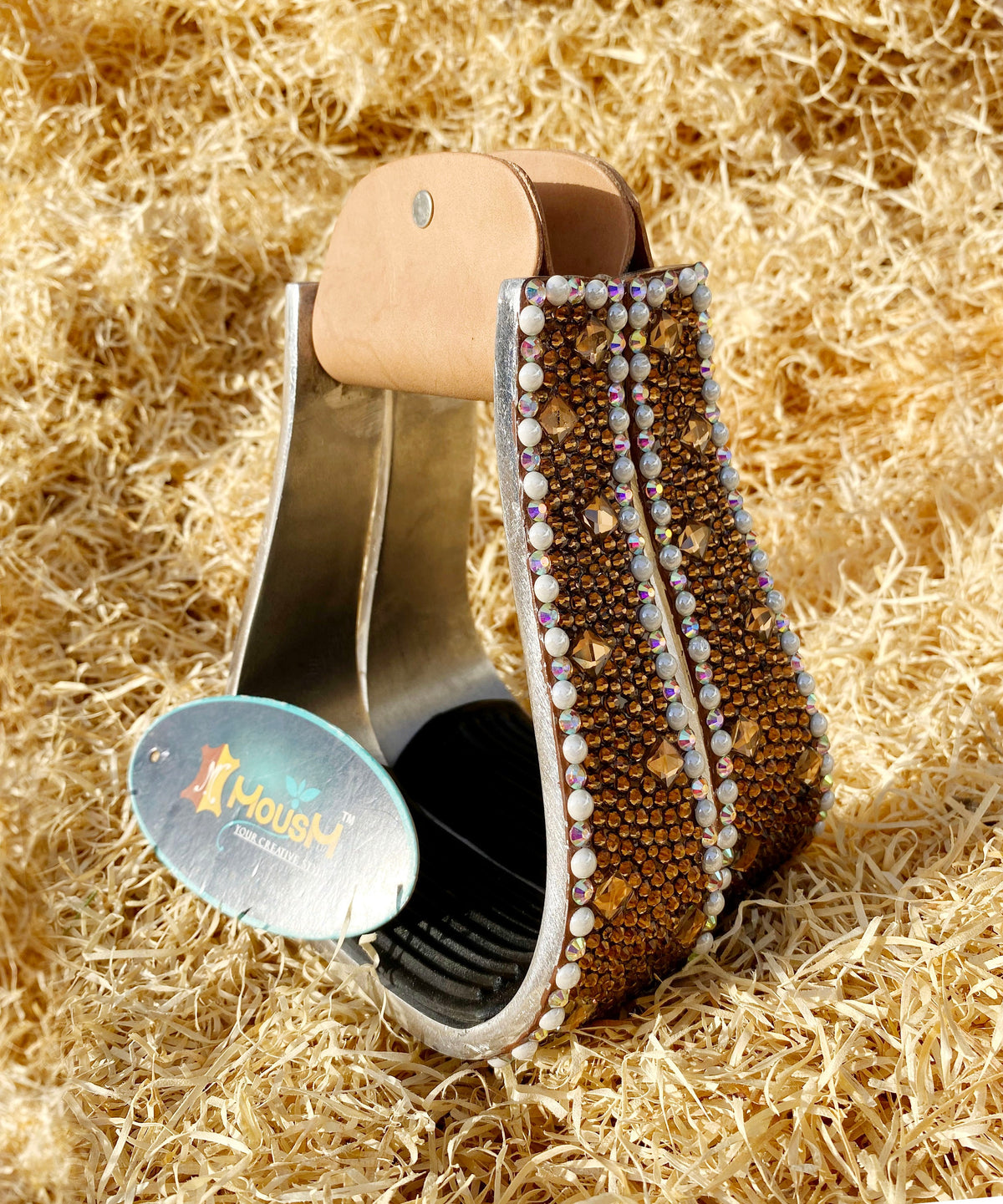 MOUSM Western Horse Stirrups – Aluminum Barrel Racing Stirrups With Golden Brown Glitter Surrounded by White Rhinestones