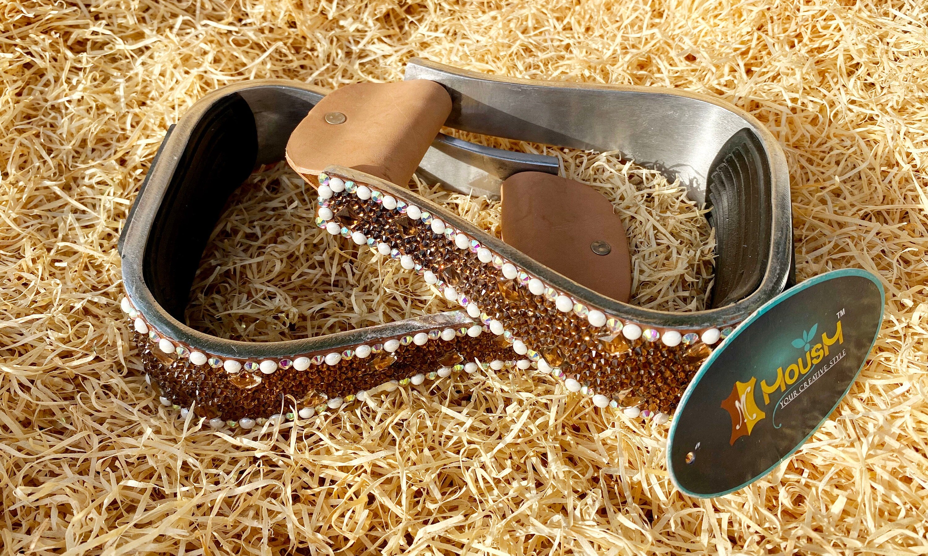 MOUSM Western Horse Stirrups – Aluminum Barrel Racing Stirrups With Golden Brown Glitter Surrounded by White Rhinestones