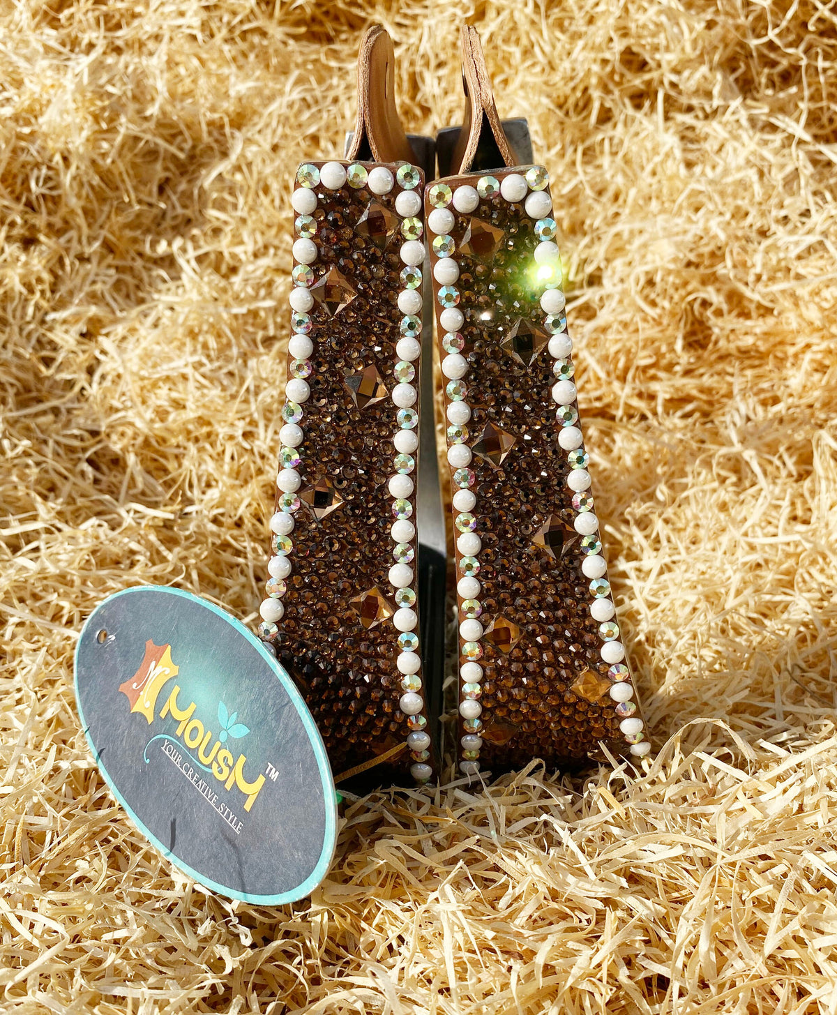 MOUSM Western Horse Stirrups – Aluminum Barrel Racing Stirrups With Golden Brown Glitter Surrounded by White Rhinestones