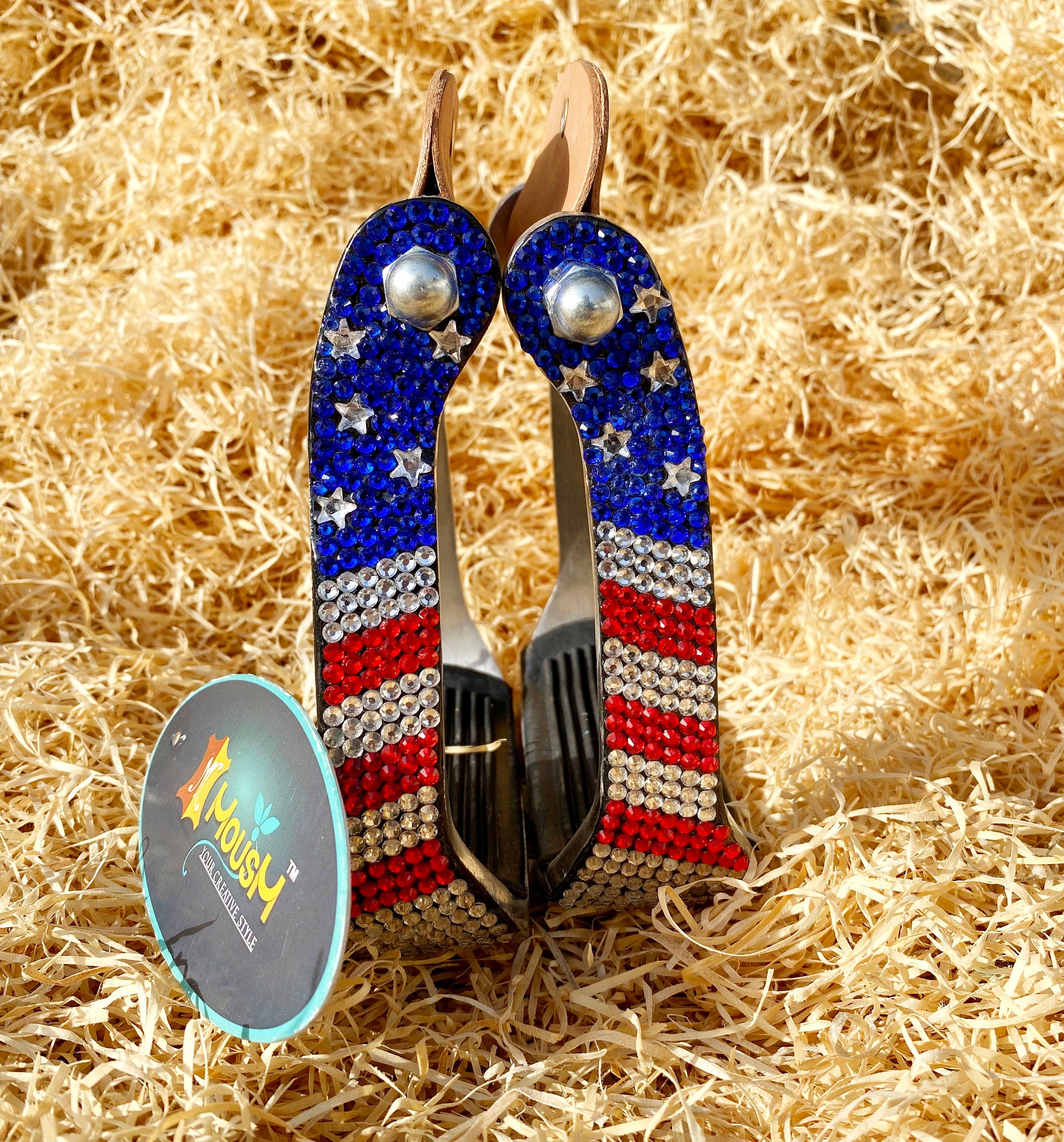 MOUSM 4th July Independence Day Western Horse Stirrups - Premium Aluminum Barrel Stirrups Decorated With American Flag Design Shining Stones