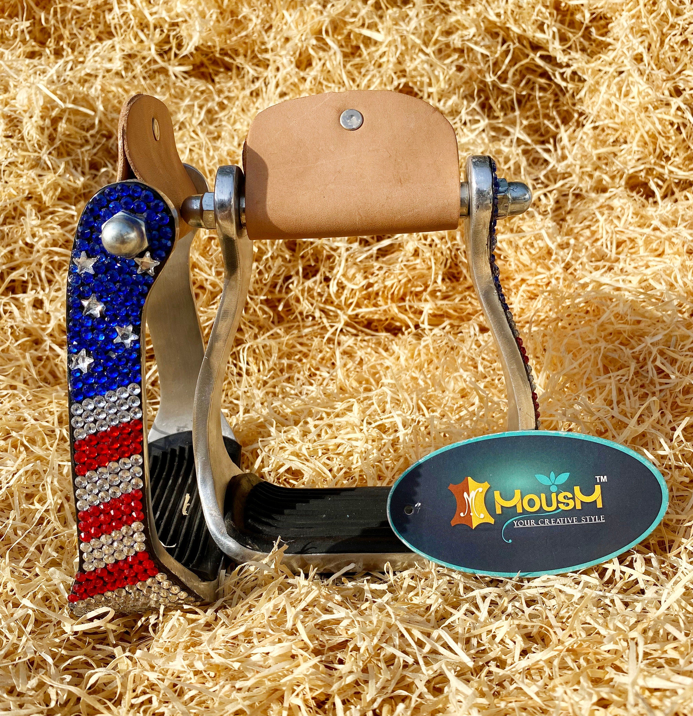 MOUSM 4th July Independence Day Western Horse Stirrups - Premium Aluminum Barrel Stirrups Decorated With American Flag Design Shining Stones