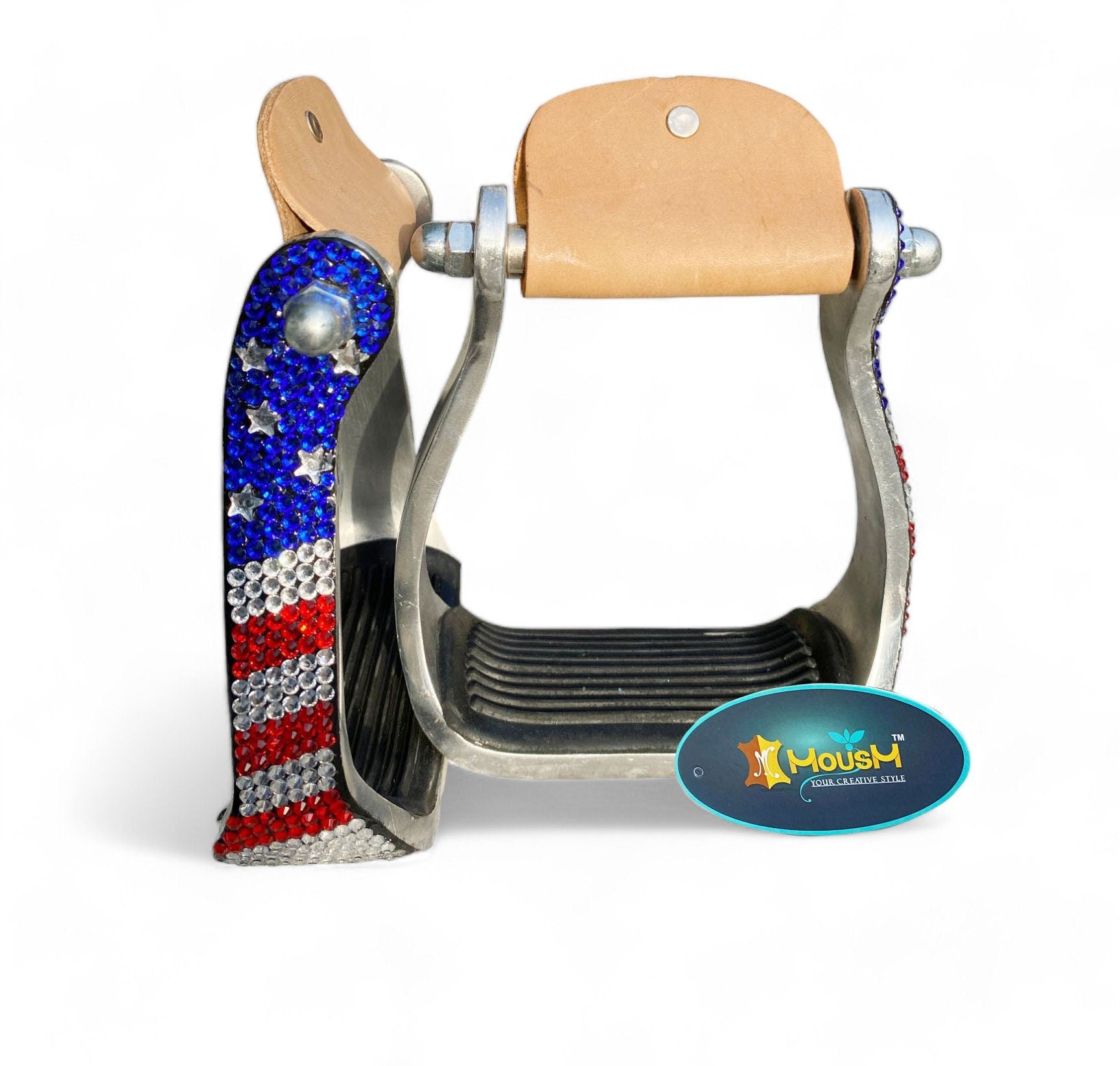 MOUSM 4th July Independence Day Western Horse Stirrups - Premium Aluminum Barrel Stirrups Decorated With American Flag Design Shining Stones