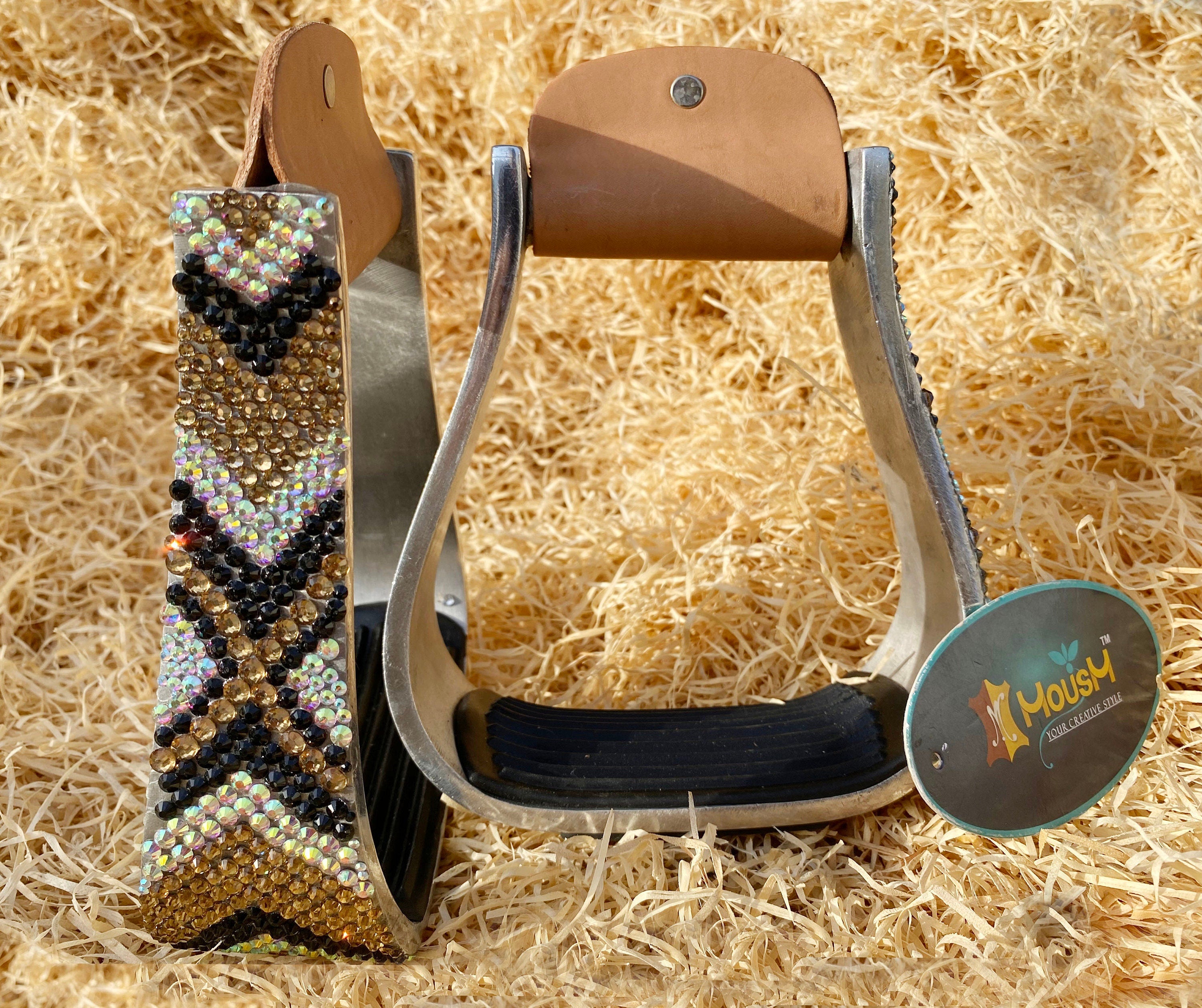 MOUSM Barrel Horse Stirrups - Luxury Western Aluminum Barrel Stirrups With Shining Golden and Black Rhinestones