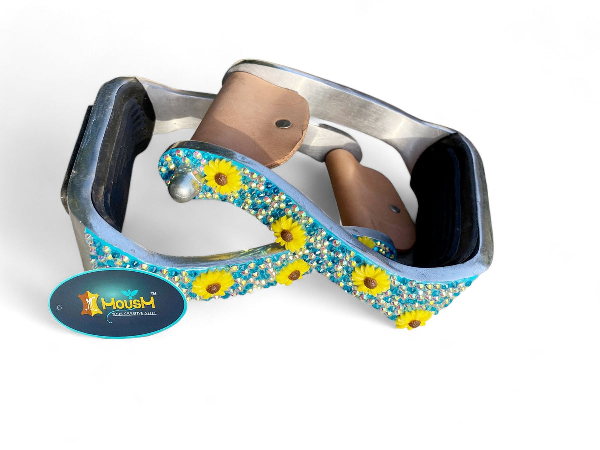 MOUSM Western Horse Stirrups - Aluminum Barrel Stirrups With Glitter Turquoise Rhinestones & Sunflower Studs