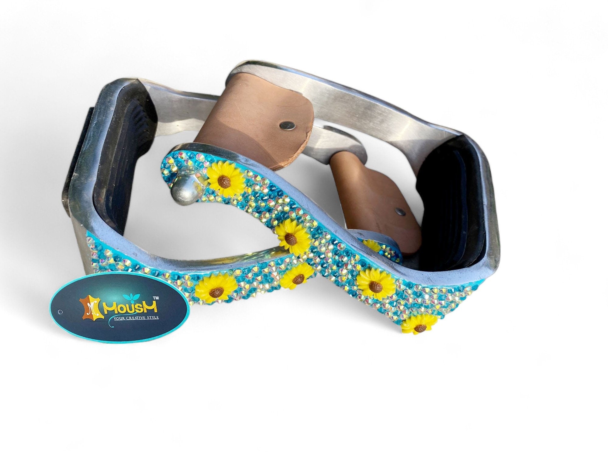 MOUSM Western Horse Stirrups - Aluminum Barrel Stirrups With Glitter Turquoise Rhinestones & Sunflower Studs