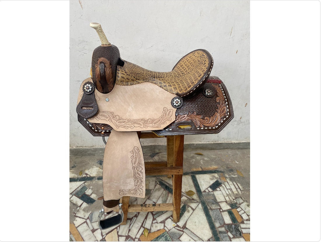 Western Barrel Saddle - Handcrafted with Premium Quality Leather, Hand-Tooled Alligator Print, Built on Rawhide-Covered Fiber Tree with Fancy Conchos, Seat Size: 13"-17" Inches