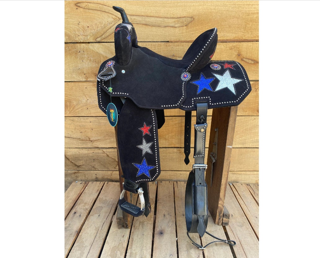 MOUSM Western Barrel Saddle - Built on a Rawhide Covered Fiber Tree, Saddle Made from Genuine Black Argentina Leather with USA Flag Star Patch, Available in 13"-17" Seat Options