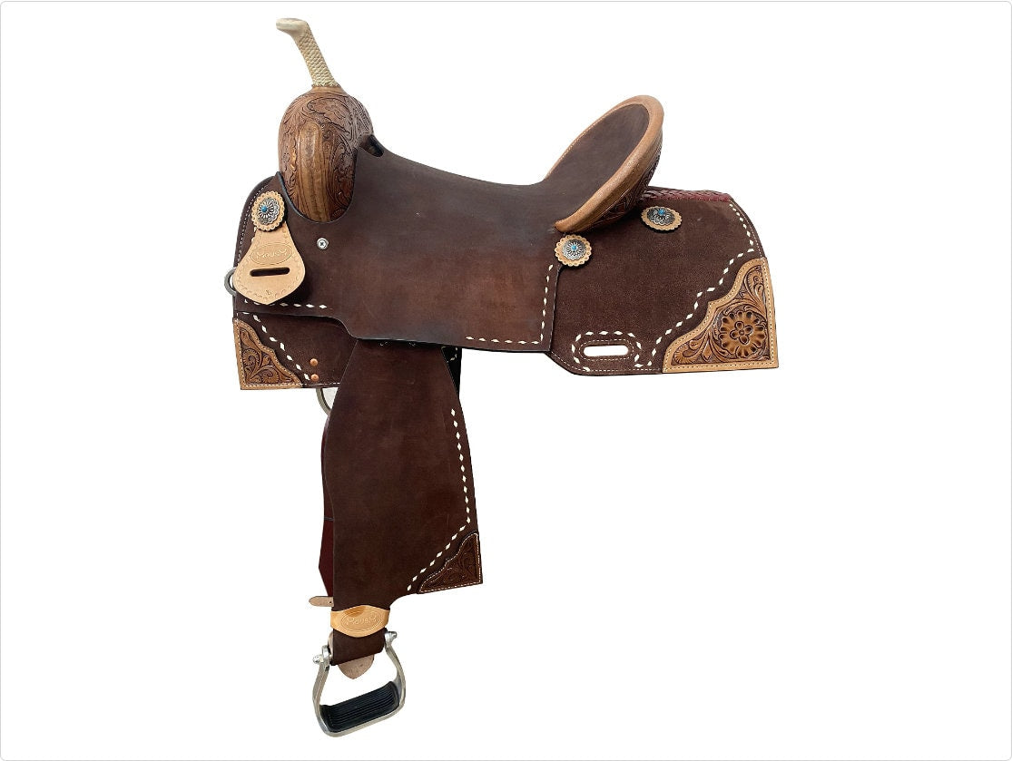 MOUSM Western Saddle for Horses - Handcrafted Barrel Saddle Built on a Rawhide-Covered Fiber Tree with Hand-Tooled Flower Design on Corner & Fancy Conchos, Seat Sizes: 13"–17" Inches