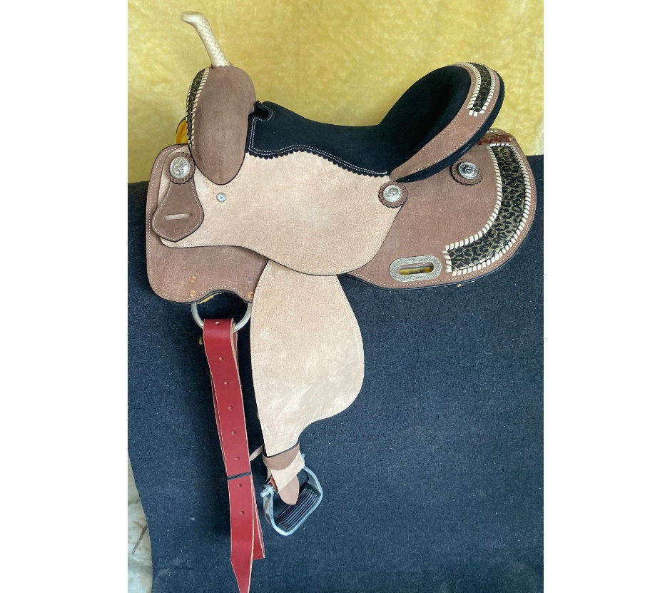MOUSM Western Barrel Saddle - Made from Genuine Leather with Leopard Corner Patch, Built on a Rawhide Covered Fiber Tree, Available in 13” to 17” Options