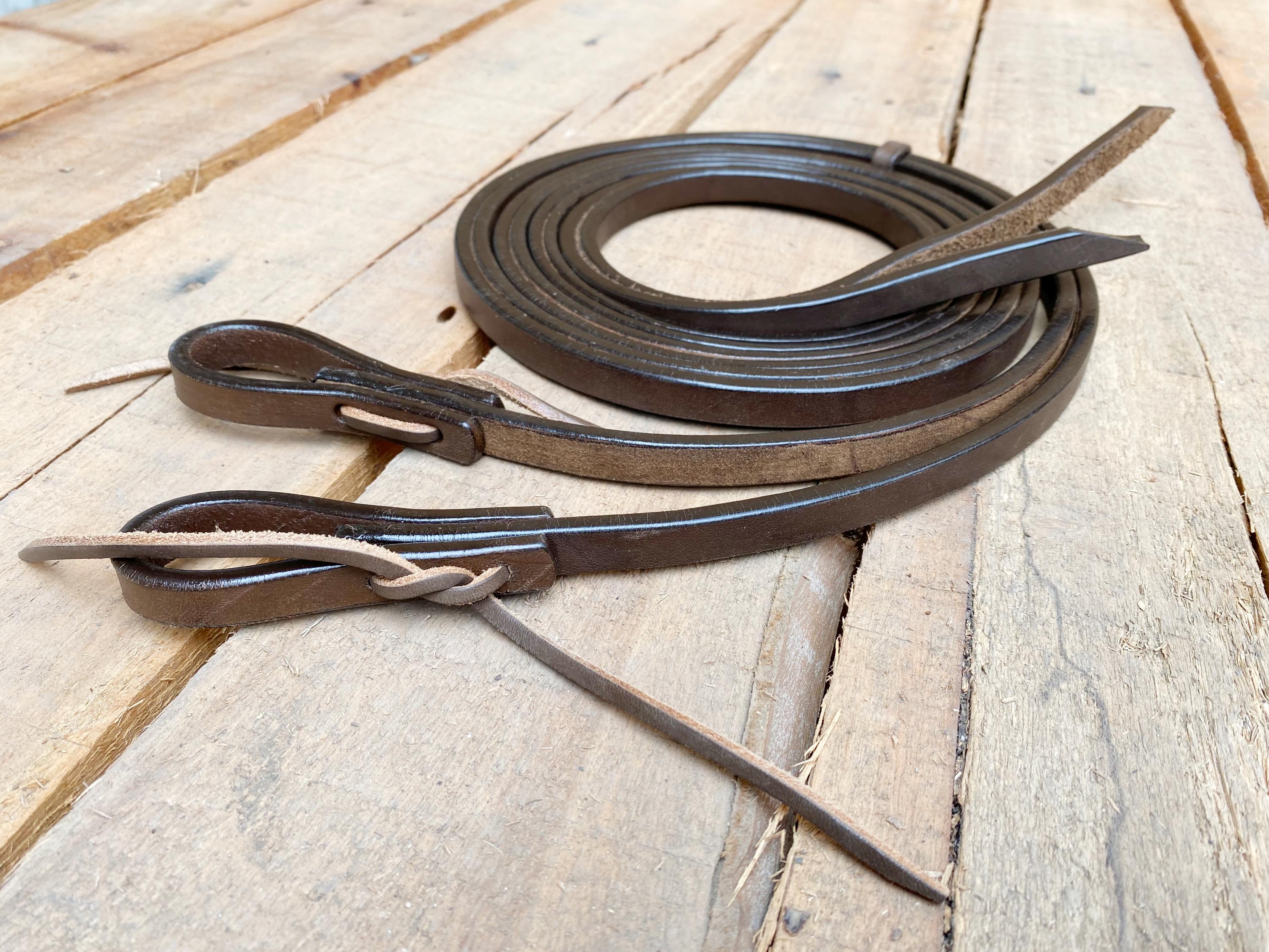 MOUSM Soft Thin Leather Horse Reins - Leather Reins in Various Colors 4/8" Inches Width & 8" Feet Long end to end – Western Style Barrel Reins in Chestnut, Chocolate & Oiled Harness Leather