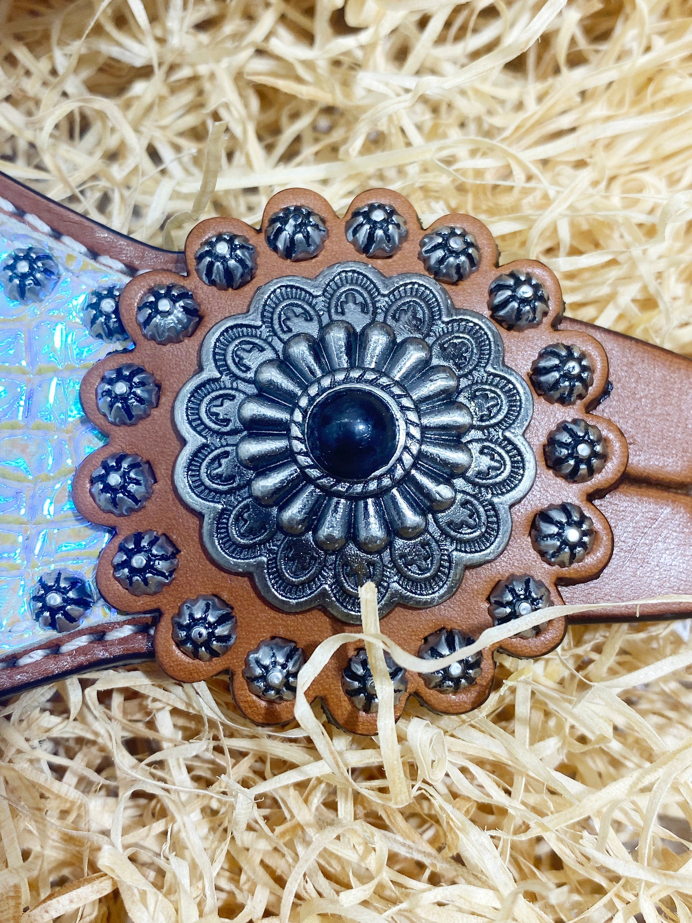MOUSM Western Spur Straps – Argentina Cow Leather Ladies Spur Straps Decorated with Holographic Snake Print, Sunburst Bead Conchos, and Antique Nickle Buckles