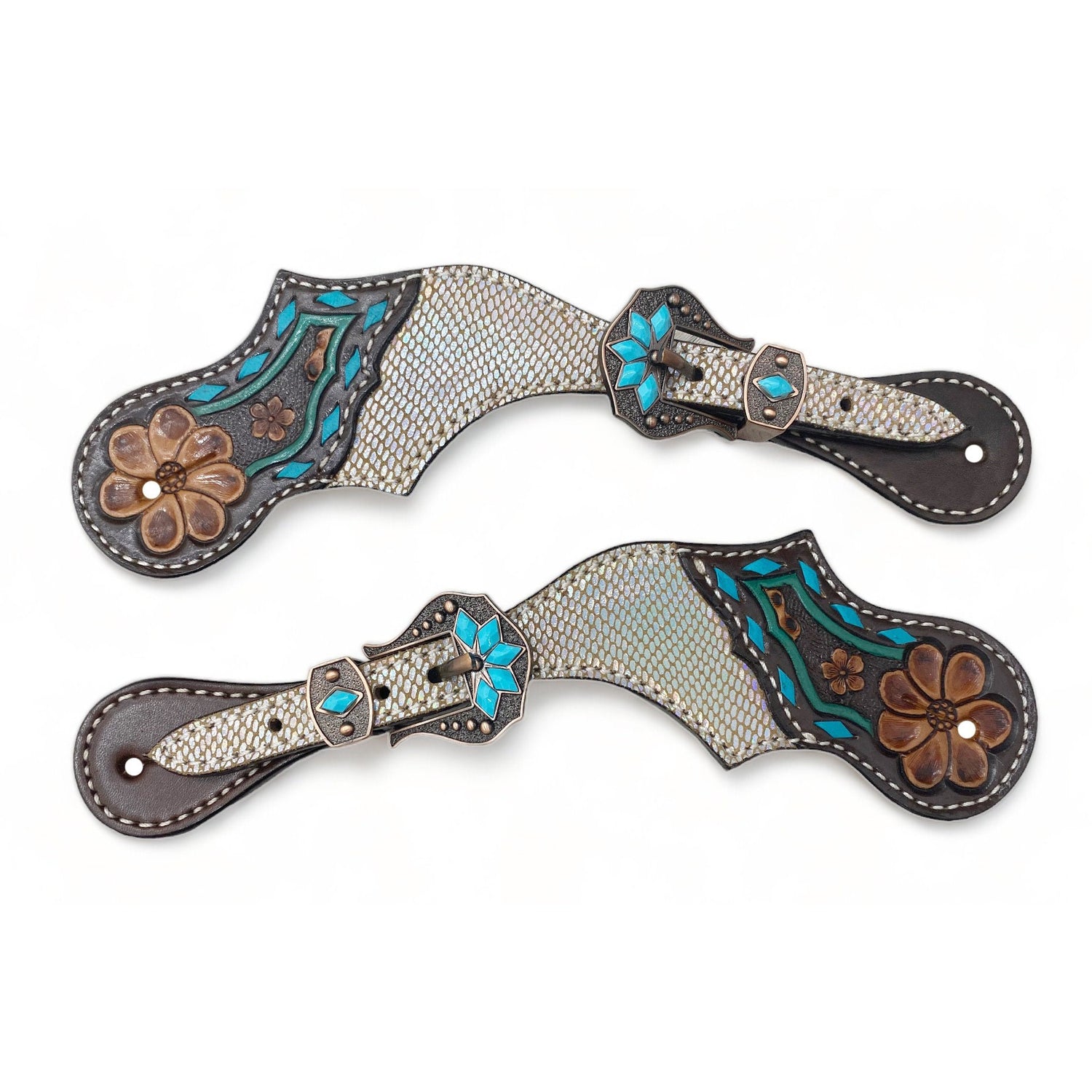 MOUSM Western Spur Straps – Argentina Cow Leather Ladies Spur Straps Decorated with Holographic Snake Pattern, Tooled Flower, Turquoise Inlay & Antique Copper Hardware