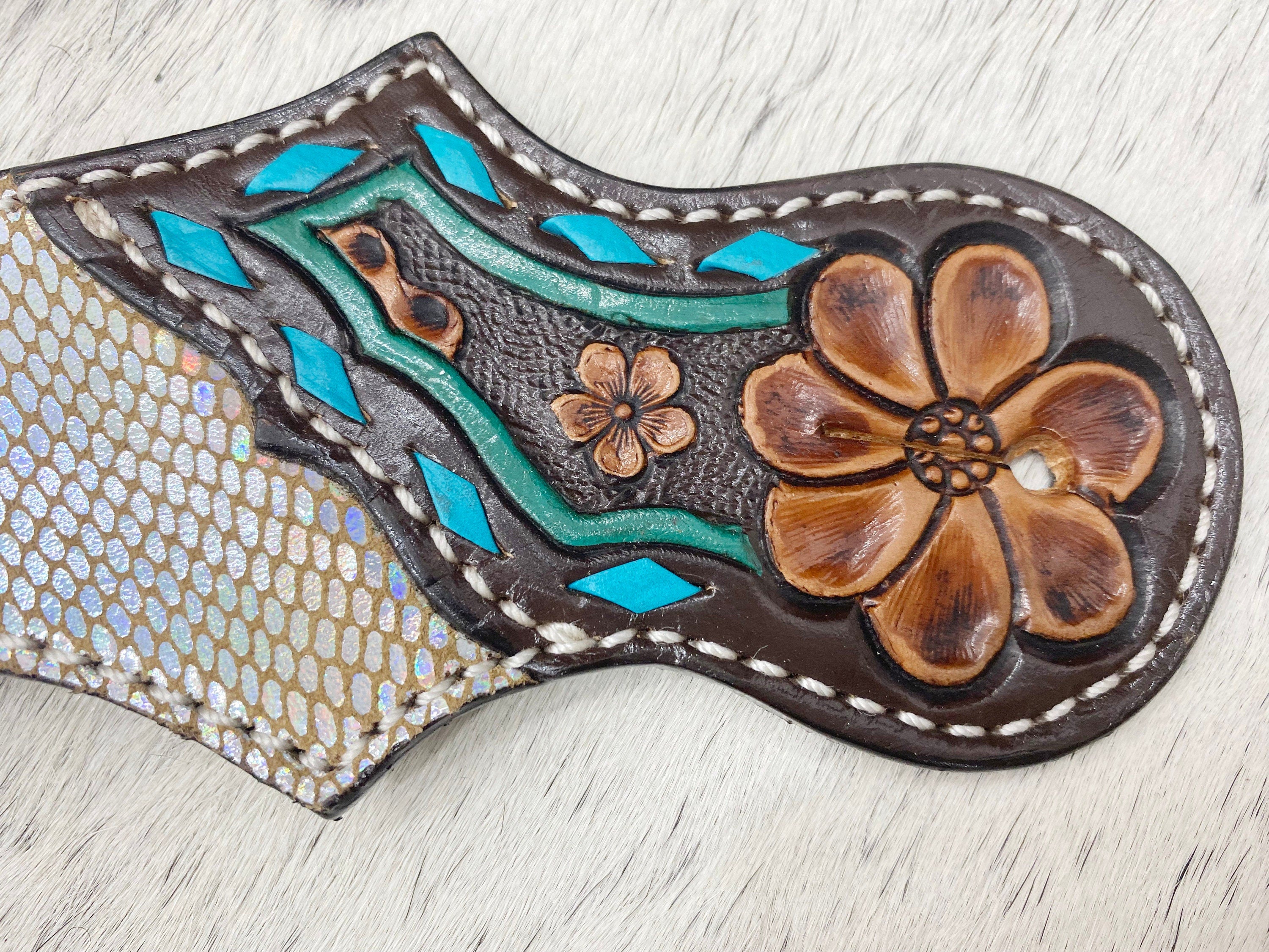 MOUSM Western Spur Straps – Argentina Cow Leather Ladies Spur Straps Decorated with Holographic Snake Pattern, Tooled Flower, Turquoise Inlay & Antique Copper Hardware