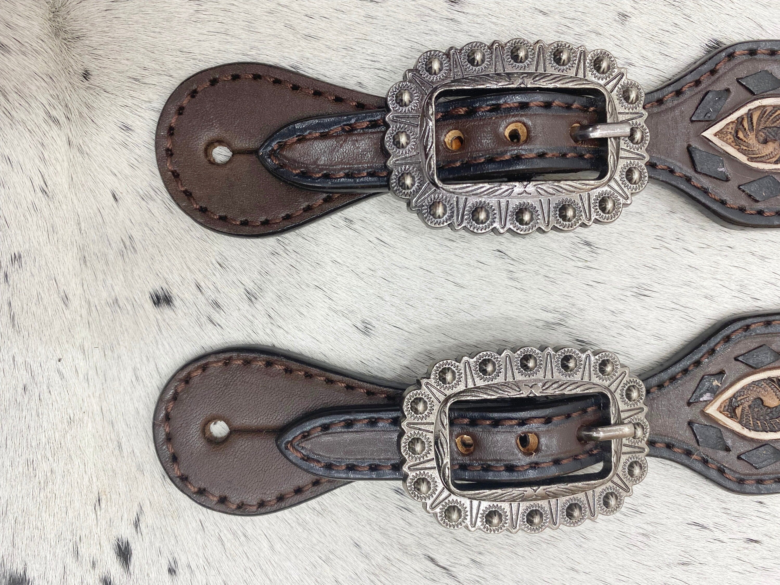 MOUSM Western Spur Straps – Argentina Cow Leather Ladies Spur Straps Decorated with Hand-Craved 3D Rose Flower Design, Buck Stitch Inlay & Antique Nickel Hardware