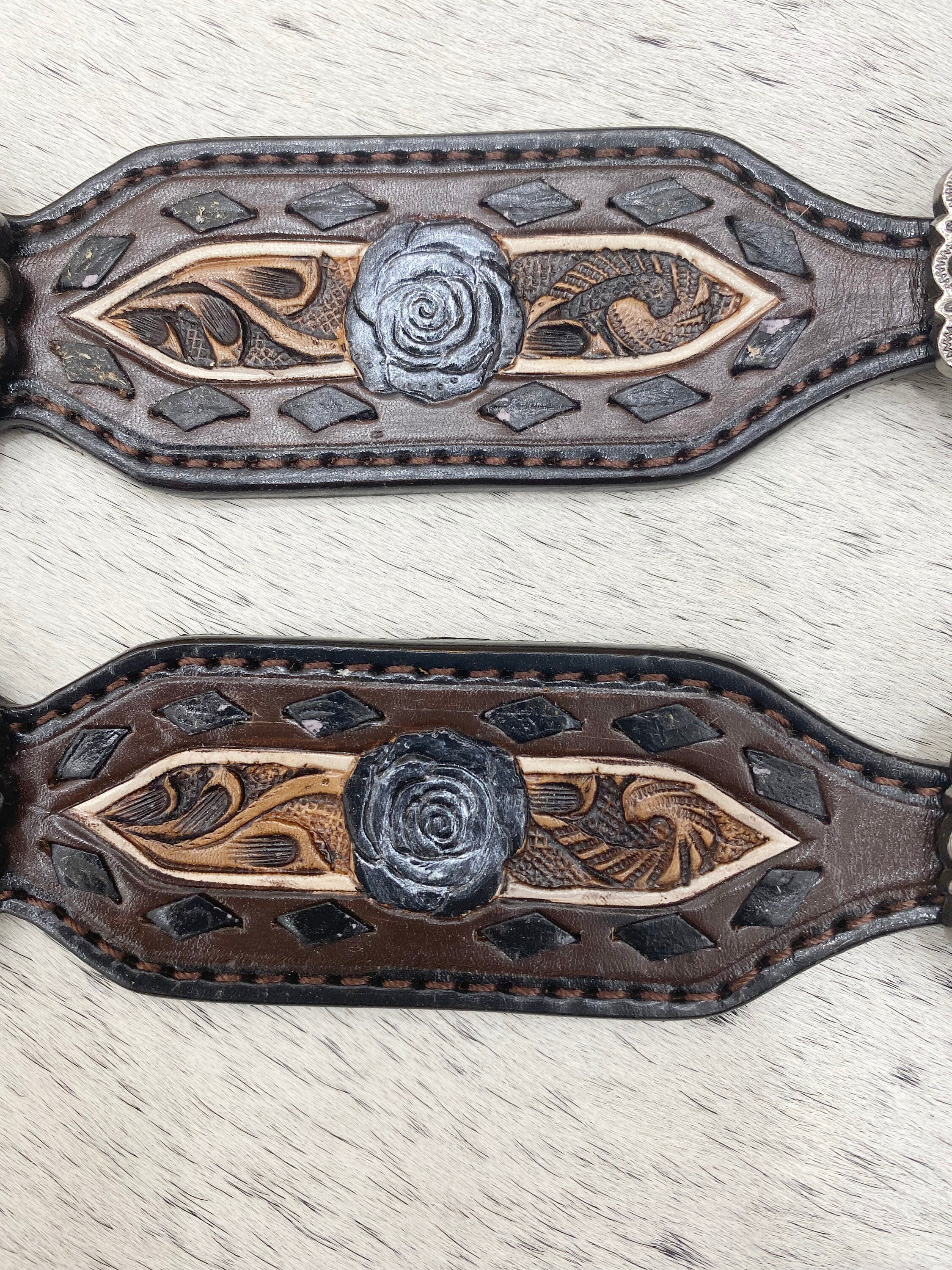 MOUSM Western Spur Straps – Argentina Cow Leather Ladies Spur Straps Decorated with Hand-Craved 3D Rose Flower Design, Buck Stitch Inlay & Antique Nickel Hardware