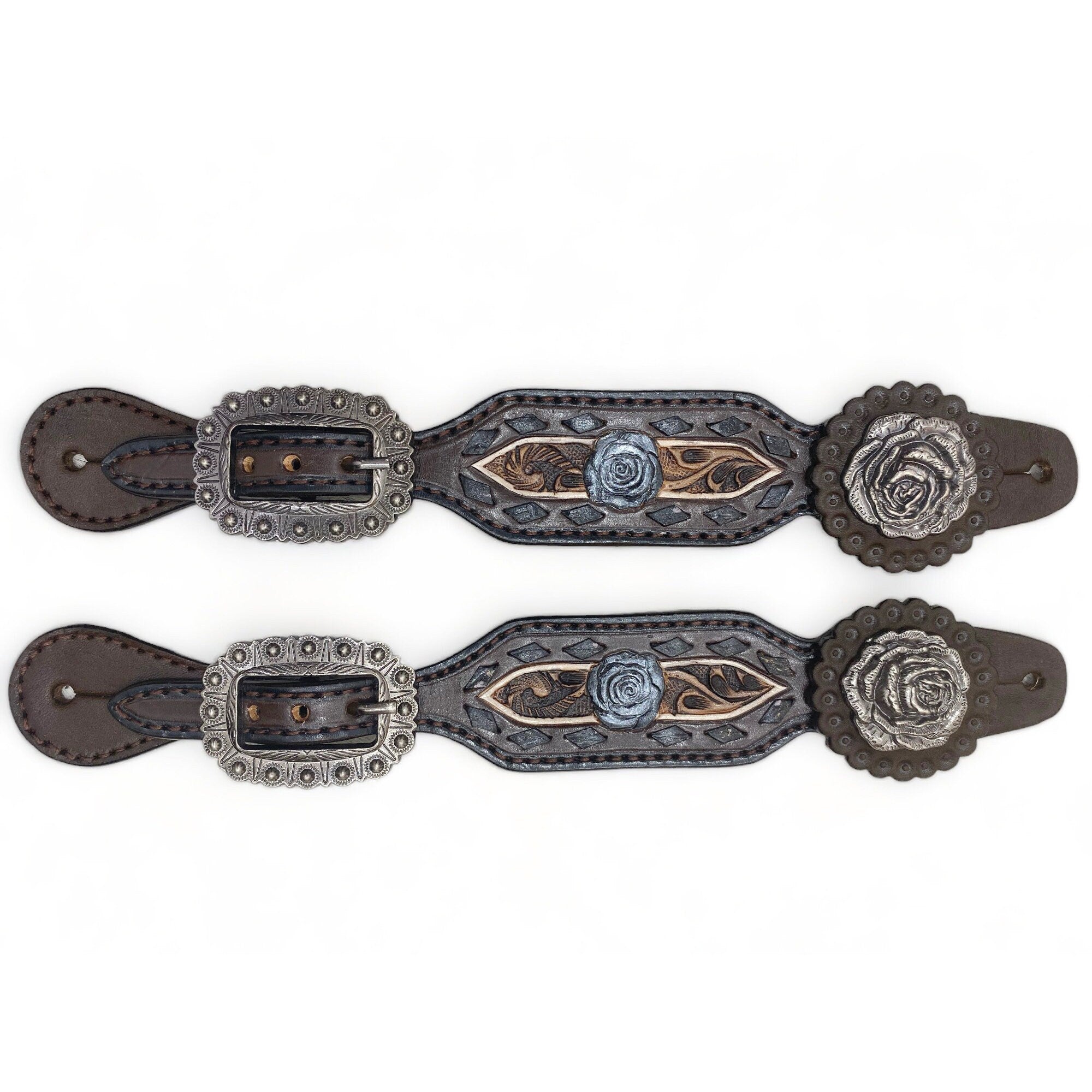 MOUSM Western Spur Straps – Argentina Cow Leather Ladies Spur Straps Decorated with Hand-Craved 3D Rose Flower Design, Buck Stitch Inlay & Antique Nickel Hardware