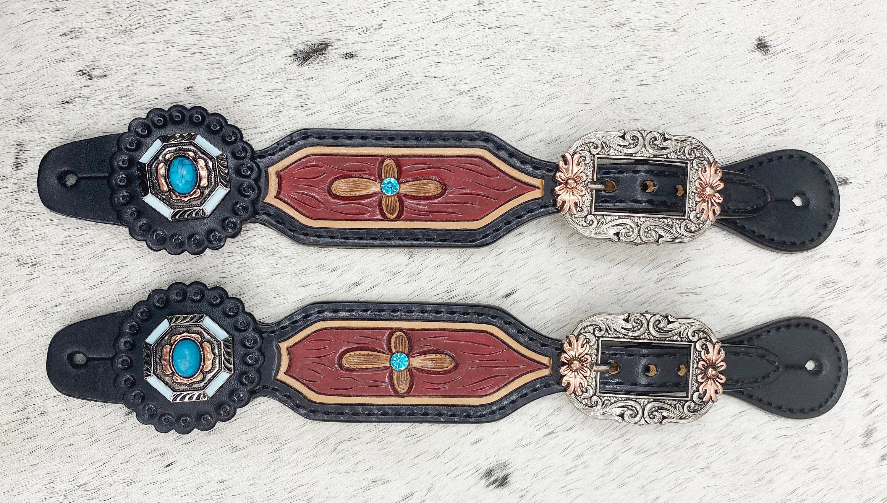 MOUSM Western Spur Straps – Argentina Cow Leather Ladies Spur Straps Decorated with Turquoise Stone, Engraved Leaves Inlay & Antique Nickel Hardware