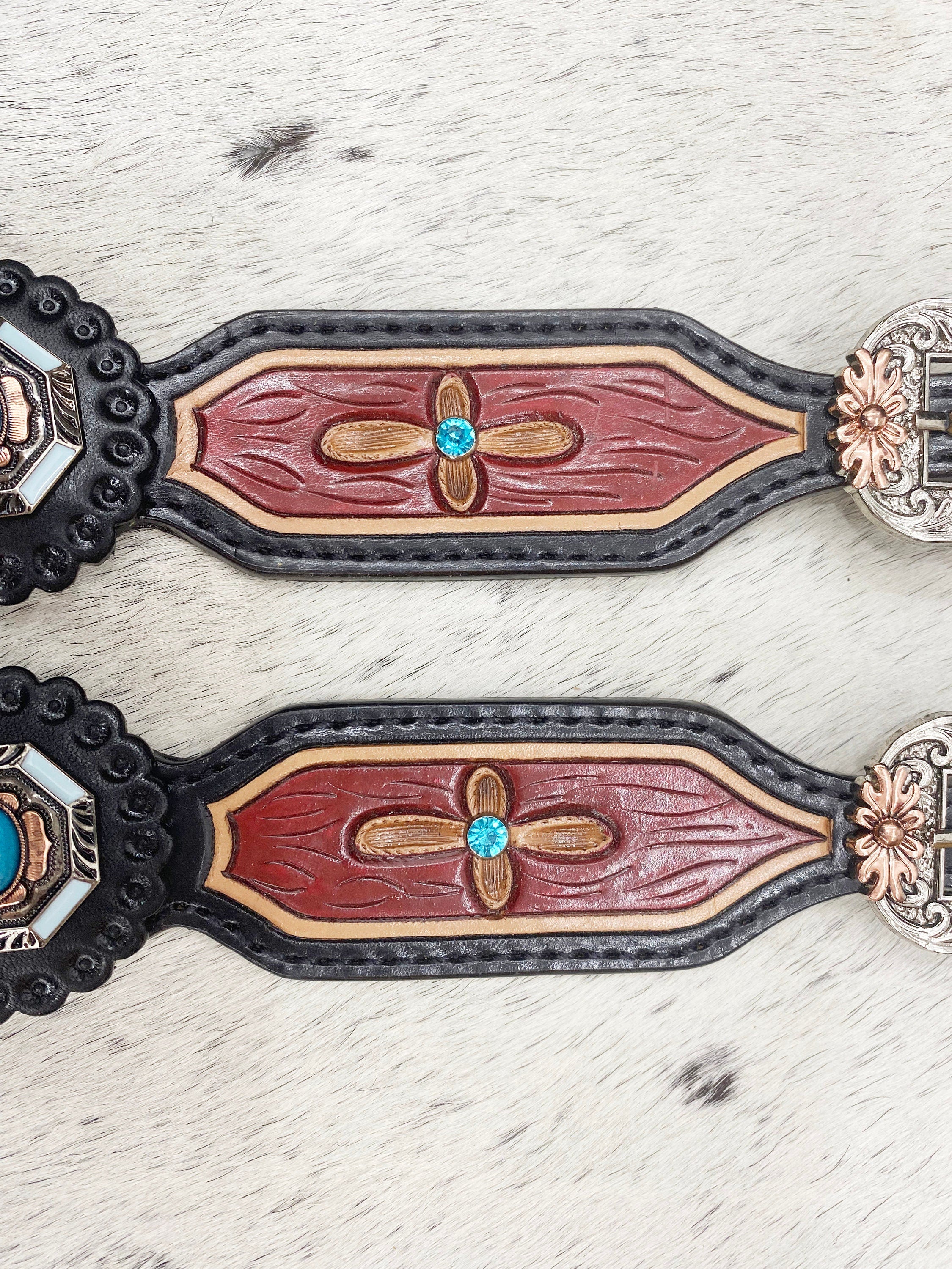 MOUSM Western Spur Straps – Argentina Cow Leather Ladies Spur Straps Decorated with Turquoise Stone, Engraved Leaves Inlay & Antique Nickel Hardware