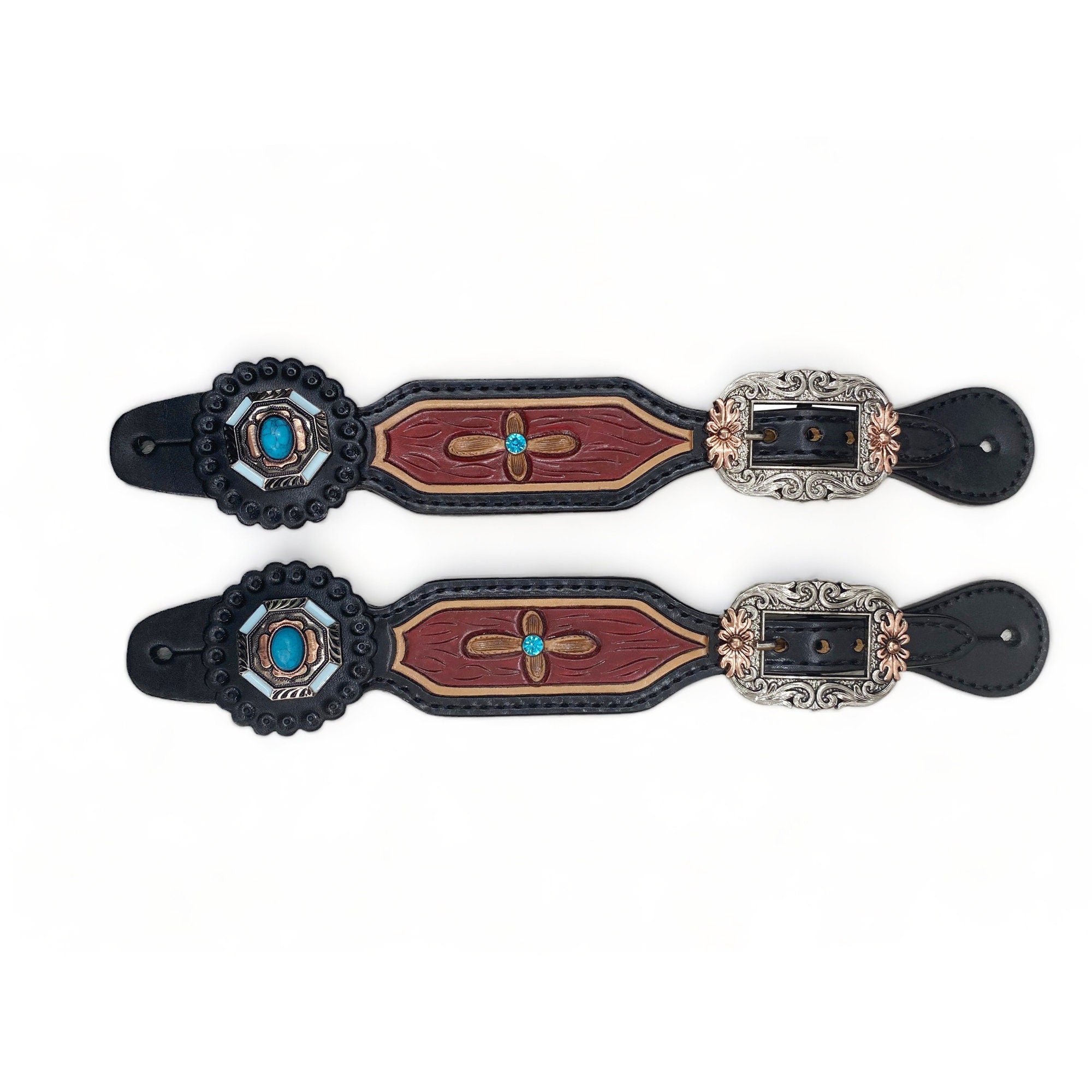 MOUSM Western Spur Straps – Argentina Cow Leather Ladies Spur Straps Decorated with Turquoise Stone, Engraved Leaves Inlay & Antique Nickel Hardware