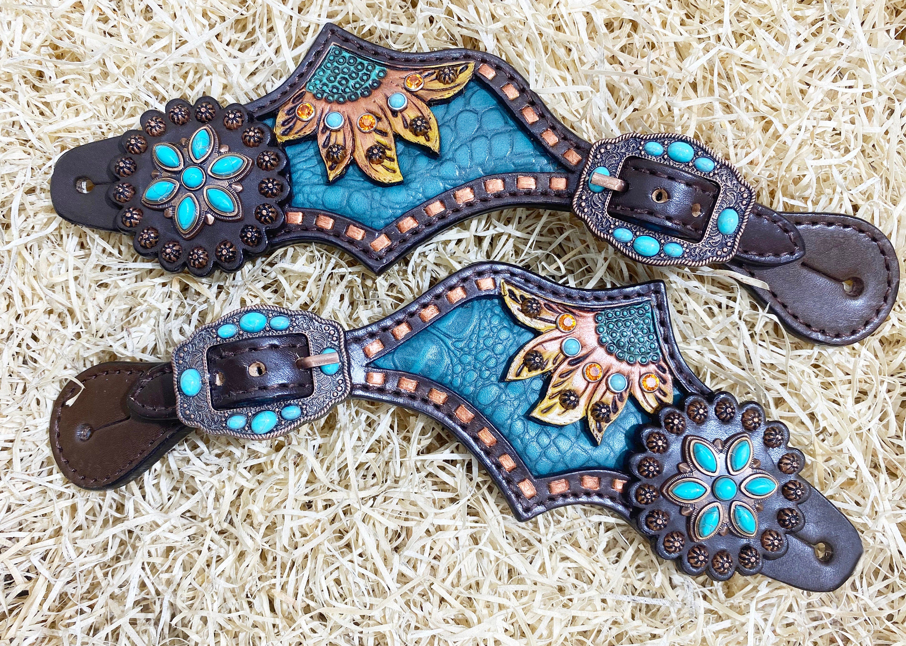 MOUSM Western Spur Straps – Argentina Cow Leather Ladies Spur Straps Decorated with Engraved Sunflower, Alligator-Pattern Inlay, Turquoise Stone Accents & Antique Nickel Hardware