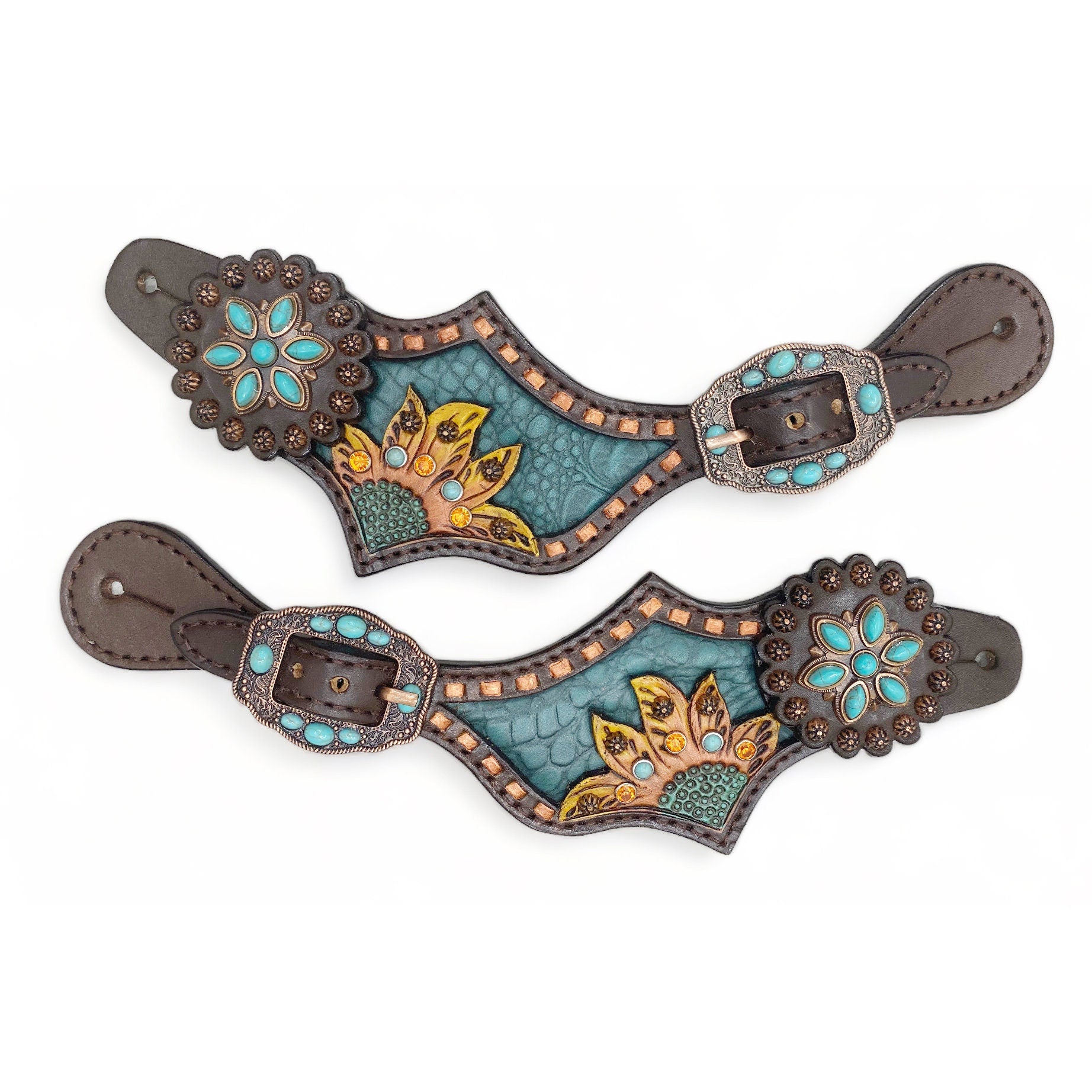 MOUSM Western Spur Straps – Argentina Cow Leather Ladies Spur Straps Decorated with Engraved Sunflower, Alligator-Pattern Inlay, Turquoise Stone Accents & Antique Nickel Hardware