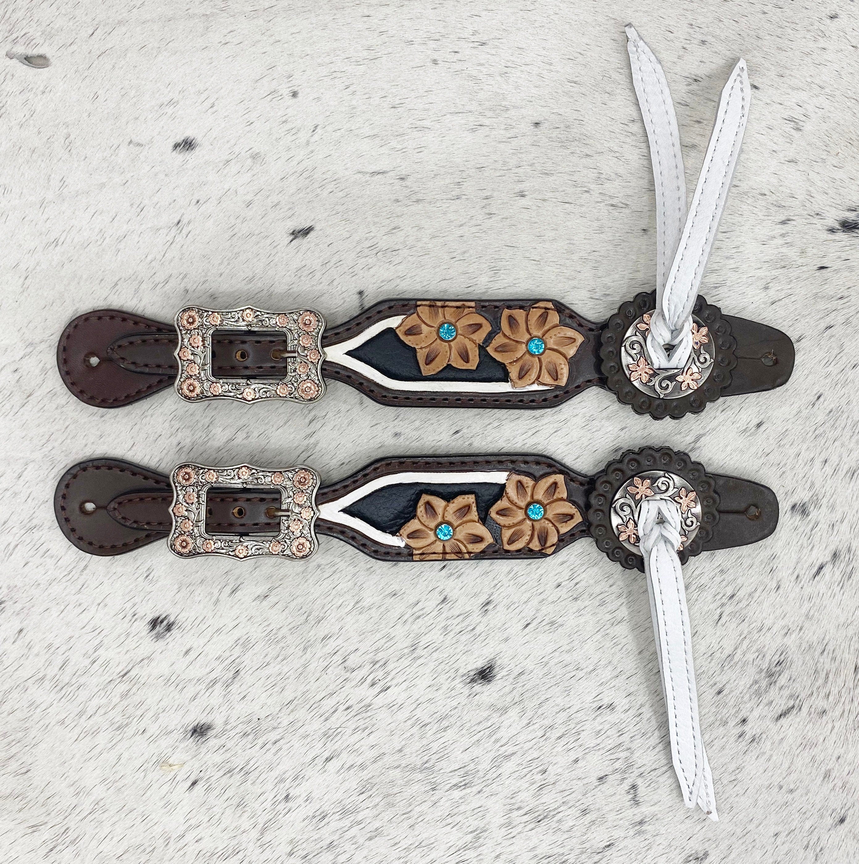 MOUSM Western Spur Straps – Argentina Cow Leather Ladies Spur Straps Decorated with Engraved Floral Design, Turquoise Stone, White Leather Fringe & Antique Nickel Hardware
