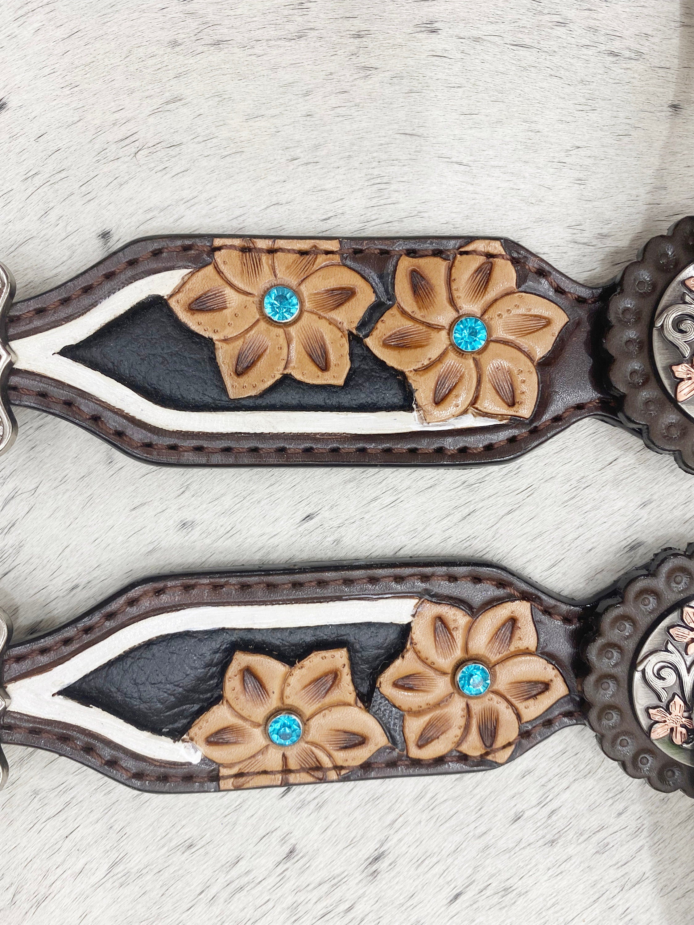 MOUSM Western Spur Straps – Argentina Cow Leather Ladies Spur Straps Decorated with Engraved Floral Design, Turquoise Stone, White Leather Fringe & Antique Nickel Hardware