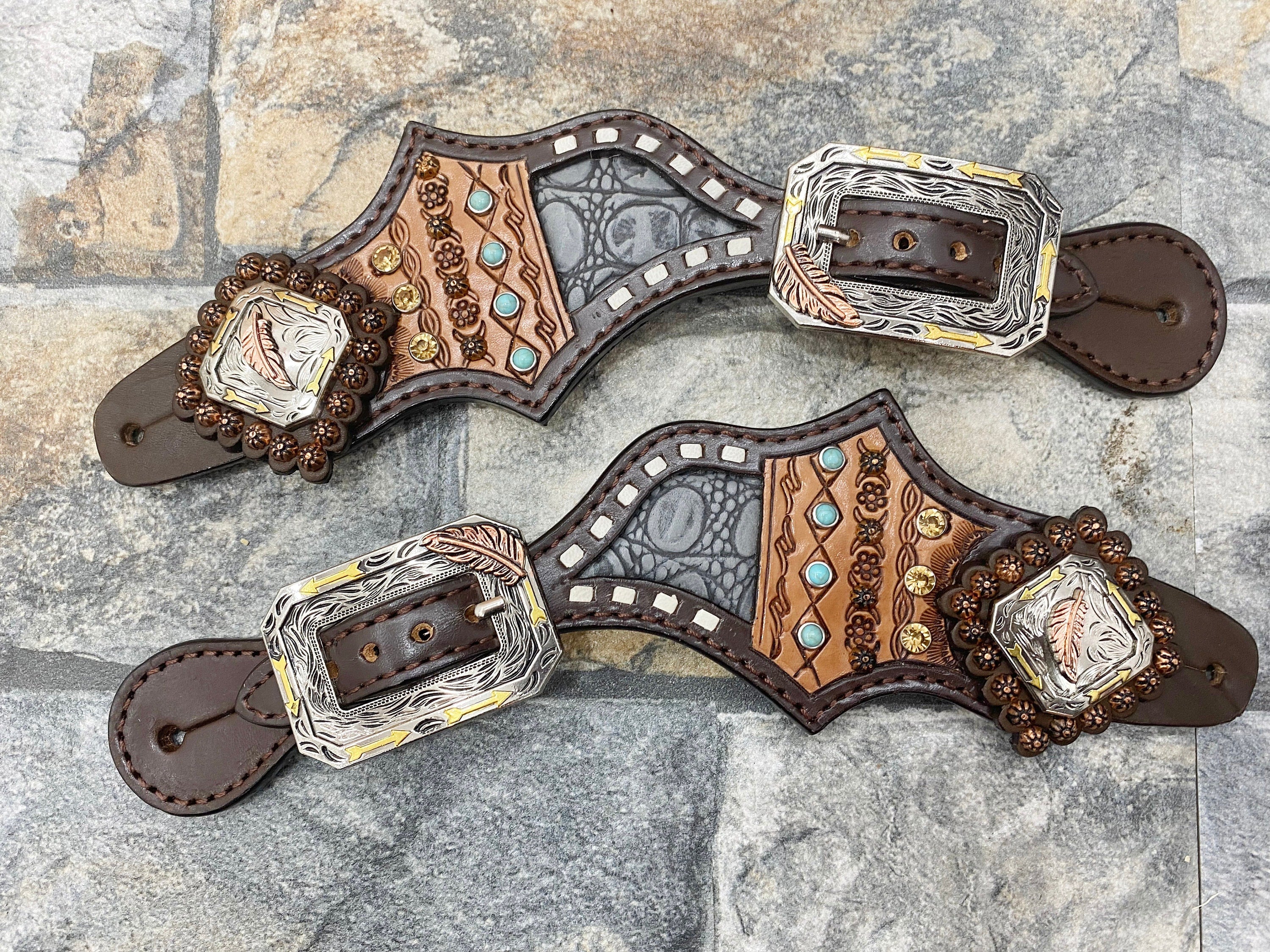 MOUSM Western Spur Straps – Argentina Cow Leather Ladies Spur Straps Decorated with Alligator & Engraved Pattern Leather, Turquoise Rhinestone & Buck Stitching