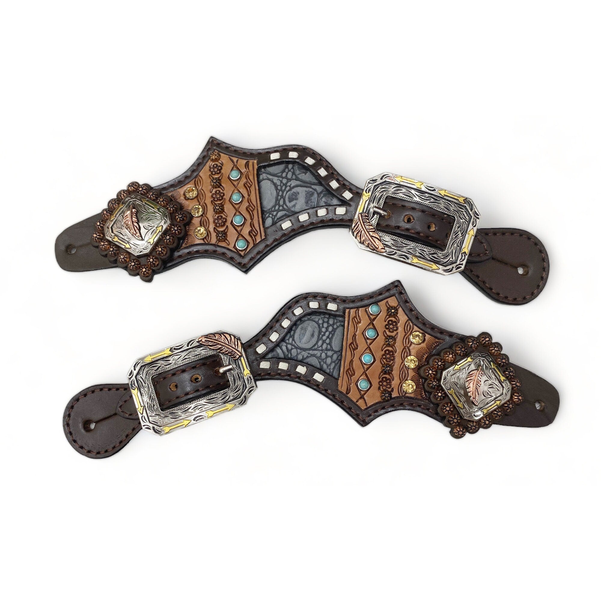 MOUSM Western Spur Straps – Argentina Cow Leather Ladies Spur Straps Decorated with Alligator & Engraved Pattern Leather, Turquoise Rhinestone & Buck Stitching