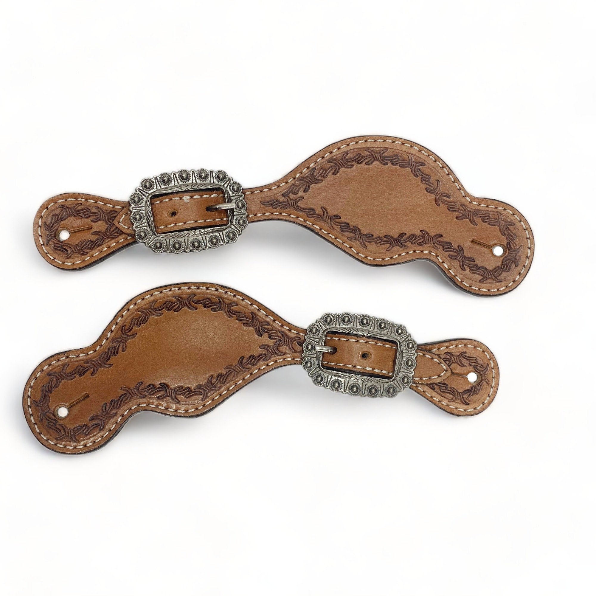 MOUSM Western Spur Straps – Argentina Cow Leather Men’s Spur Straps Decorated with Hand-Tooled Leaf Corners on Plain Leather for a Classic Western Look & Antique Nickel Hardware