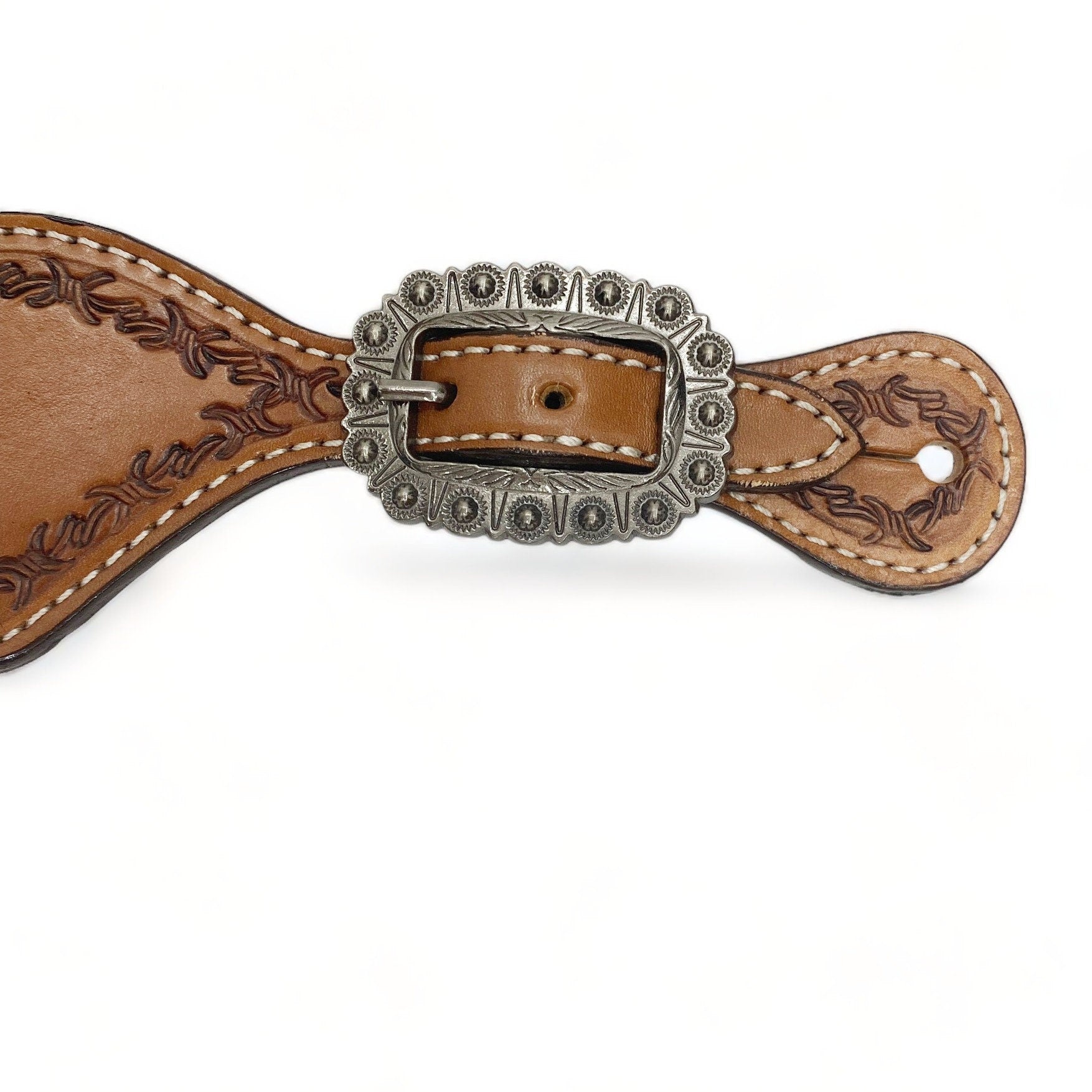 MOUSM Western Spur Straps – Argentina Cow Leather Men’s Spur Straps Decorated with Hand-Tooled Leaf Corners on Plain Leather for a Classic Western Look & Antique Nickel Hardware
