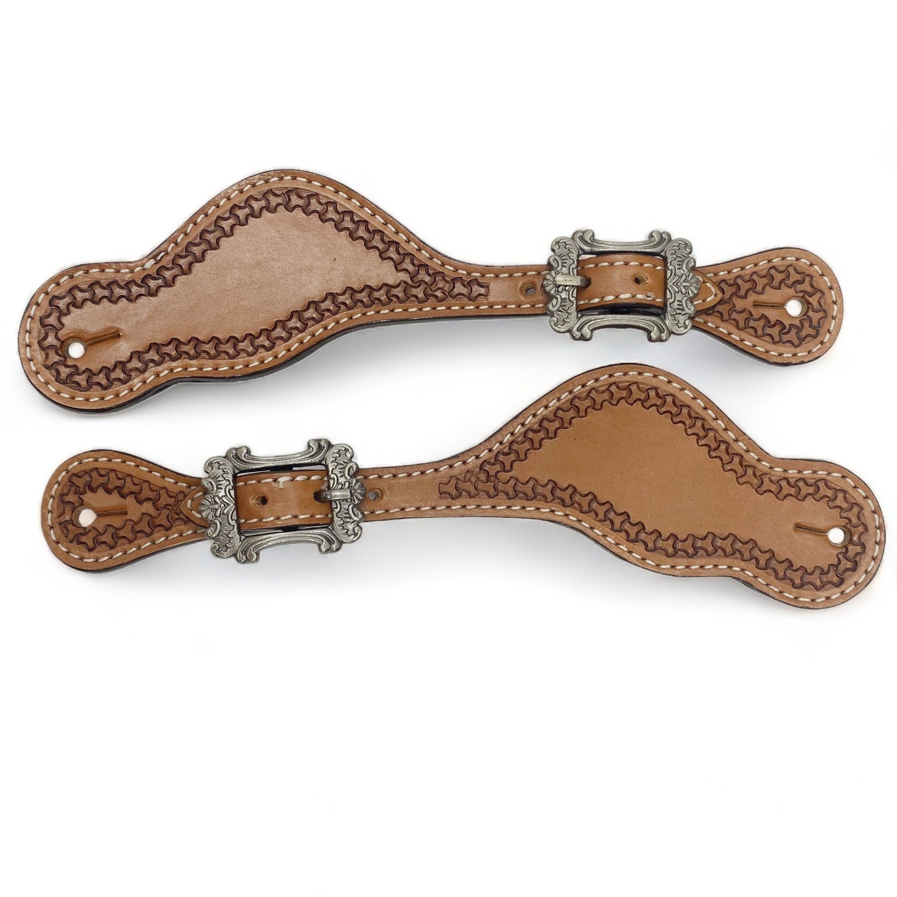 MOUSM Western Spur Straps – Argentina Cow Leather Men’s Spur Straps Decorated with Hand-Tooled Corners on Plain Leather for a Classic Western Look & Antique Nickel Hardware