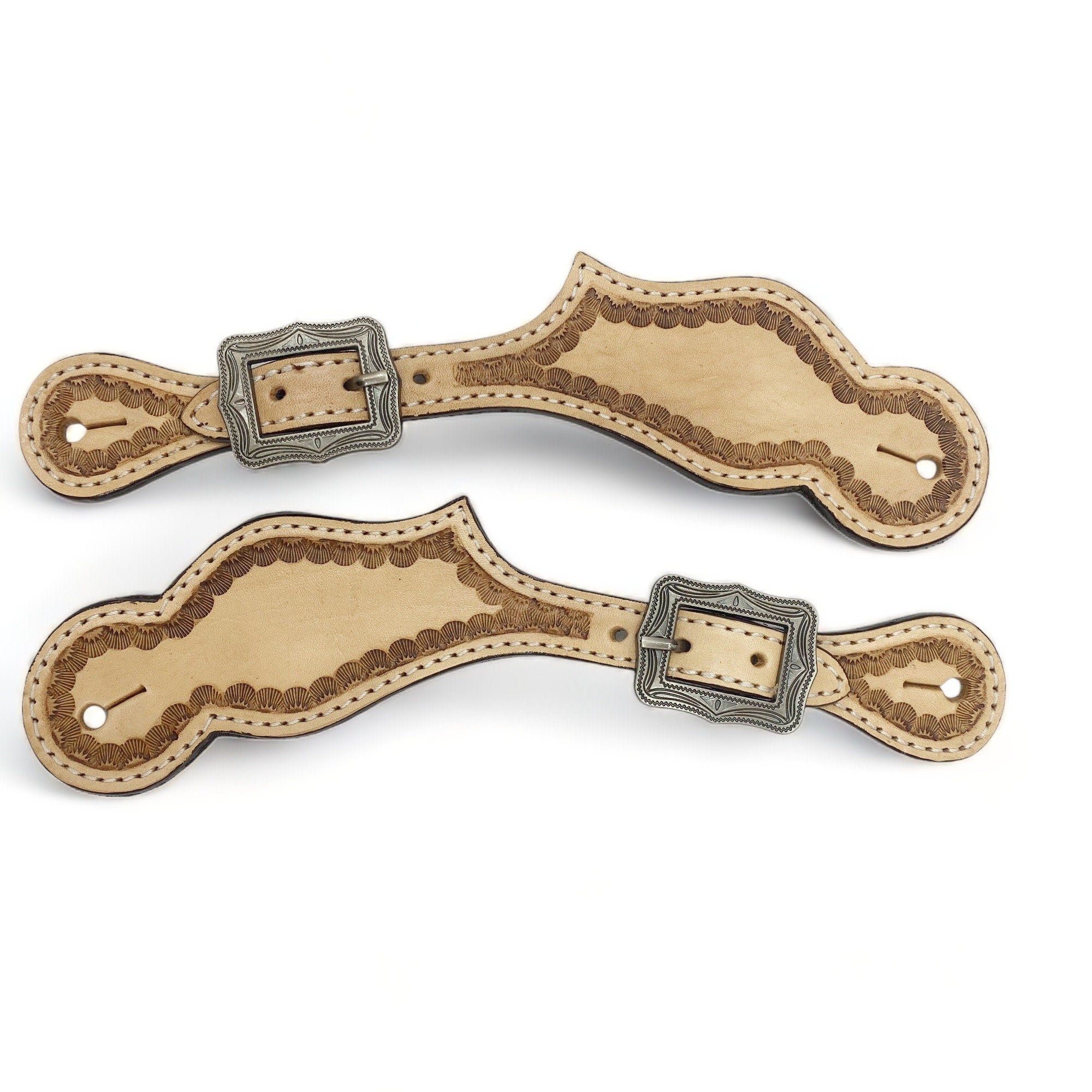 MOUSM Western Spur Straps – Argentina Cow Leather Men’s Spur Straps Decorated with Hand-Tooled Corners for a Classic Western Look & Antique Nickel Hardware
